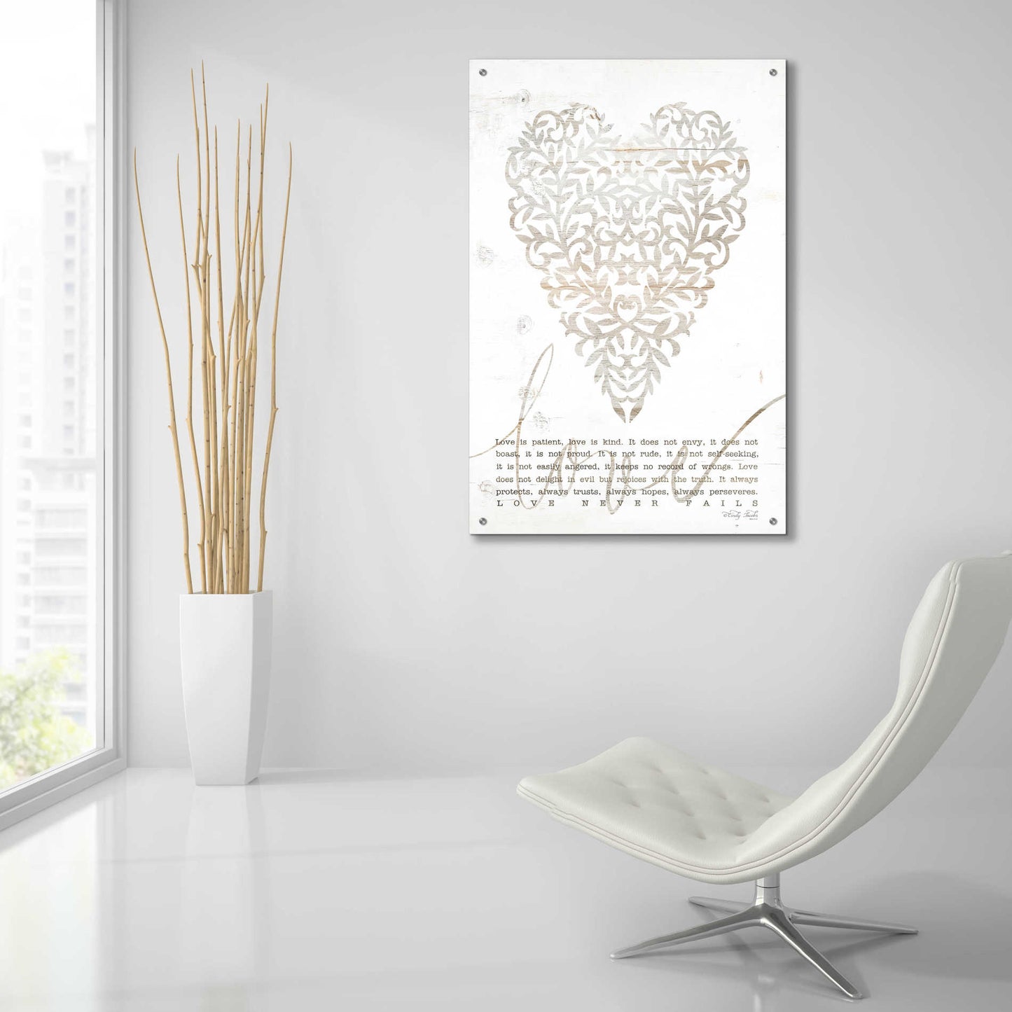 Epic Art 'Love Never Fails with Heart' by Cindy Jacobs, Acrylic Glass Wall Art,24x36