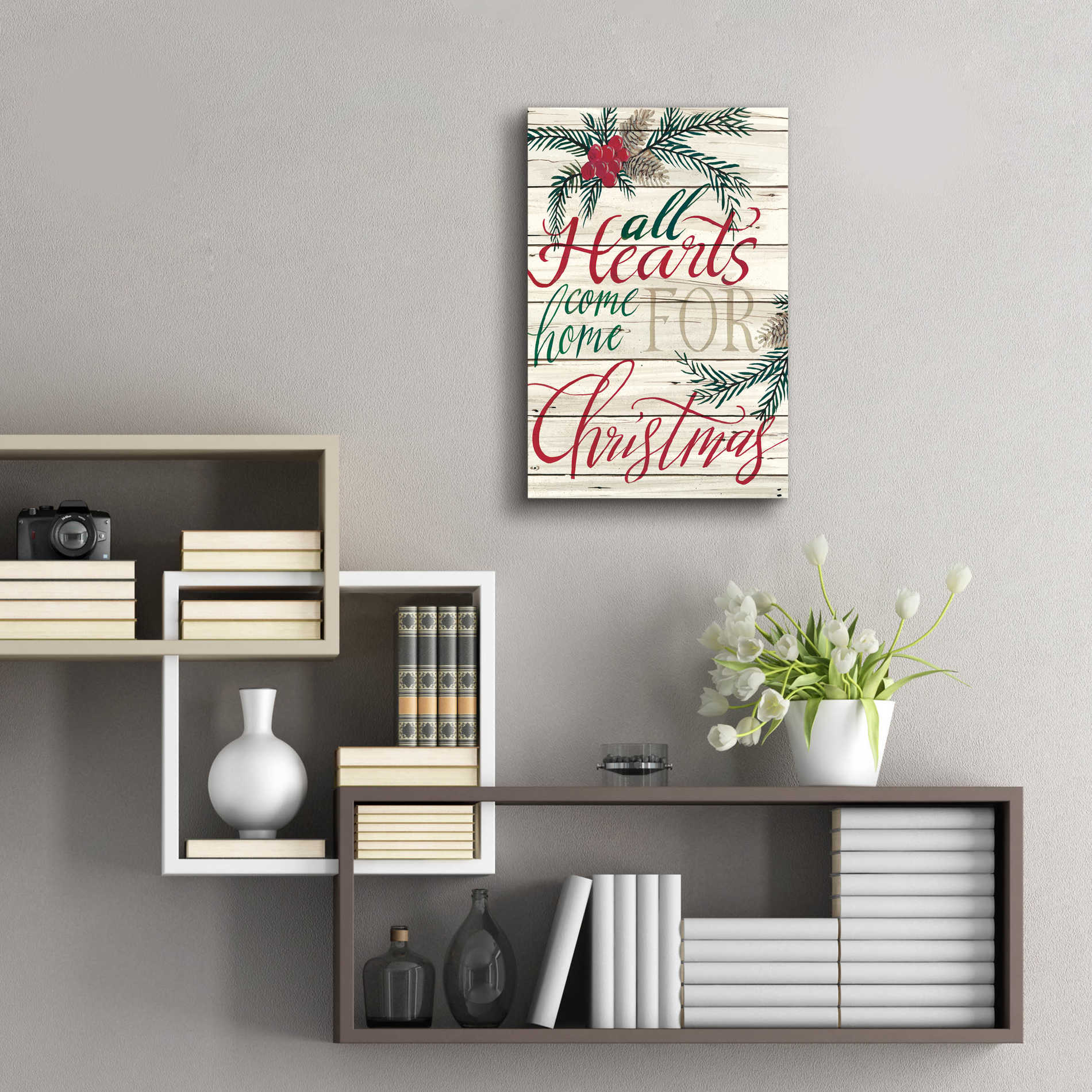 Epic Art 'All Hearts Come Home for Christmas Shiplap' by Cindy Jacobs, Acrylic Glass Wall Art,16x24