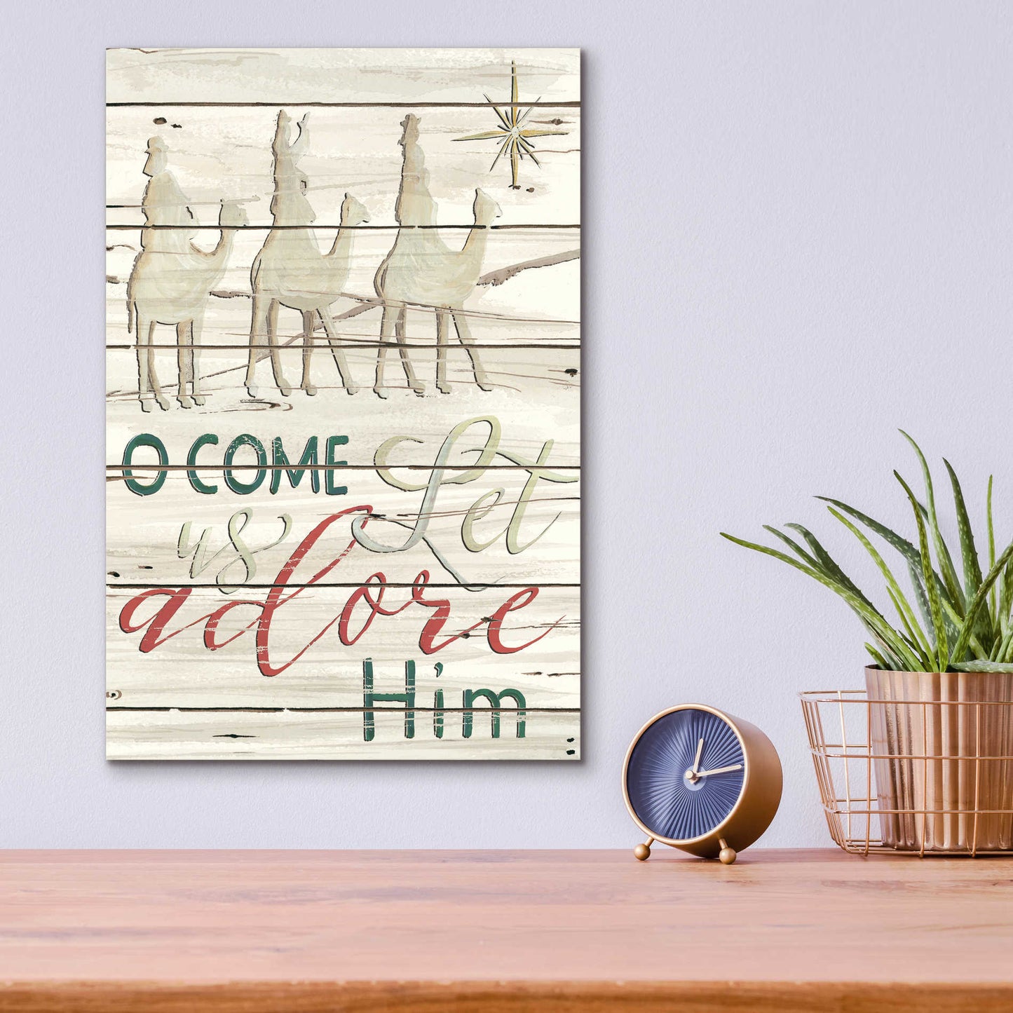 Epic Art 'Come Let Us Adore Him Shiplap' by Cindy Jacobs, Acrylic Glass Wall Art,12x16