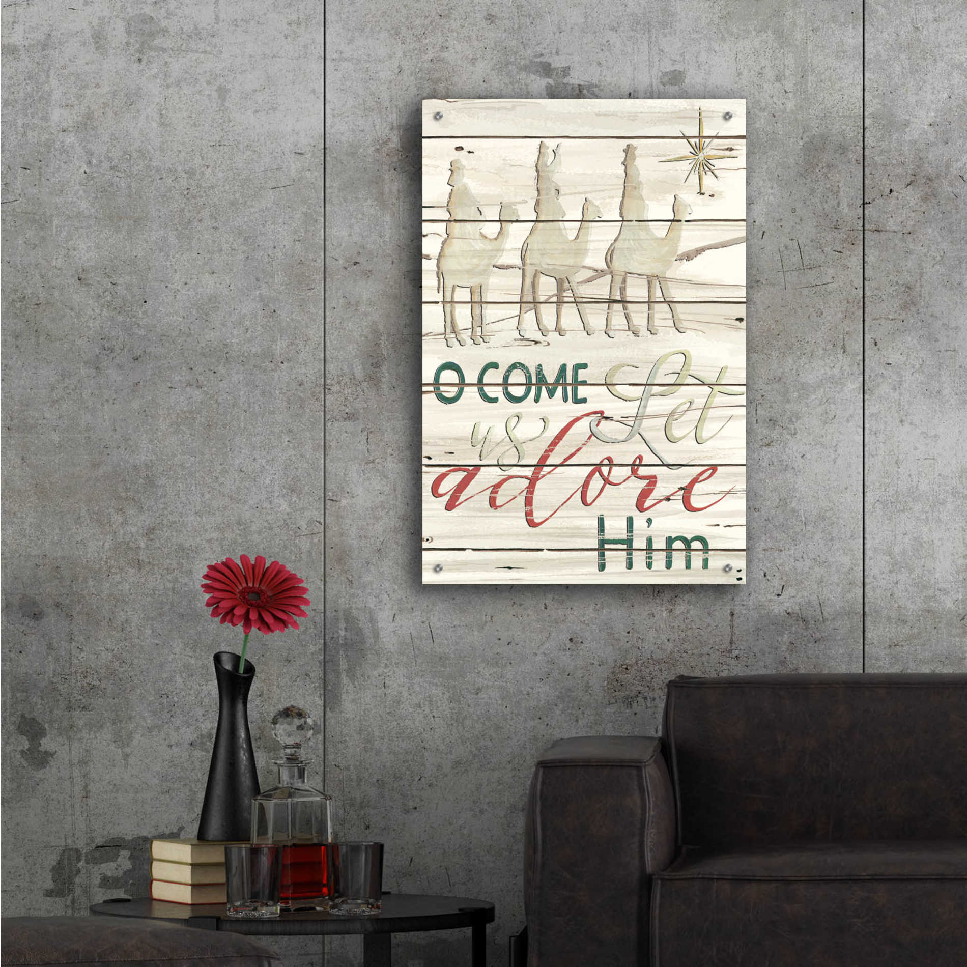 Epic Art 'Come Let Us Adore Him Shiplap' by Cindy Jacobs, Acrylic Glass Wall Art,24x36