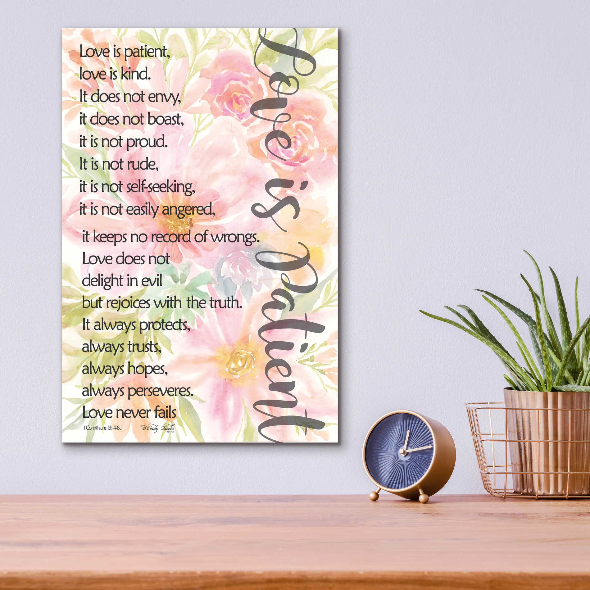 Epic Art 'Floral Love is Patient' by Cindy Jacobs, Acrylic Glass Wall Art,12x16