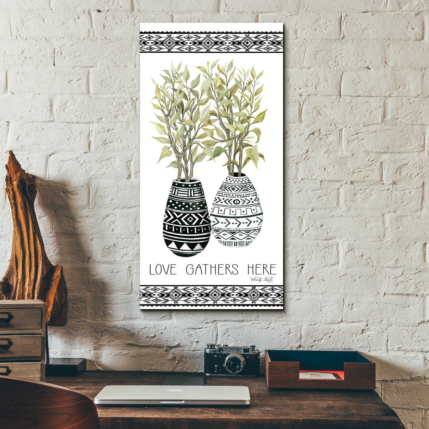 Epic Art 'Love Gathers Here Mud Cloth Vase' by Cindy Jacobs, Acrylic Glass Wall Art,12x24