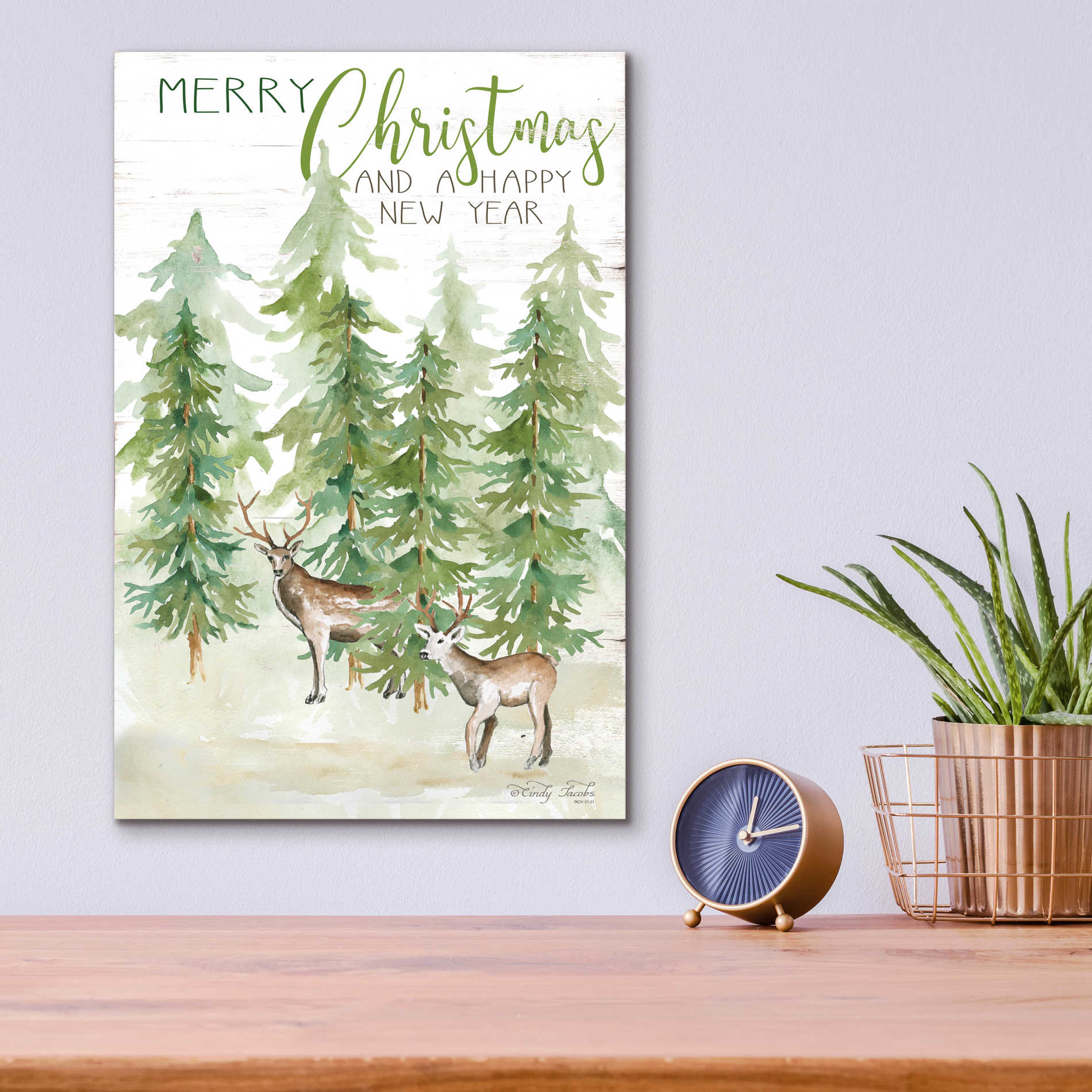 Epic Art 'Merry Christmas & Happy New Year Deer' by Cindy Jacobs, Acrylic Glass Wall Art,12x16