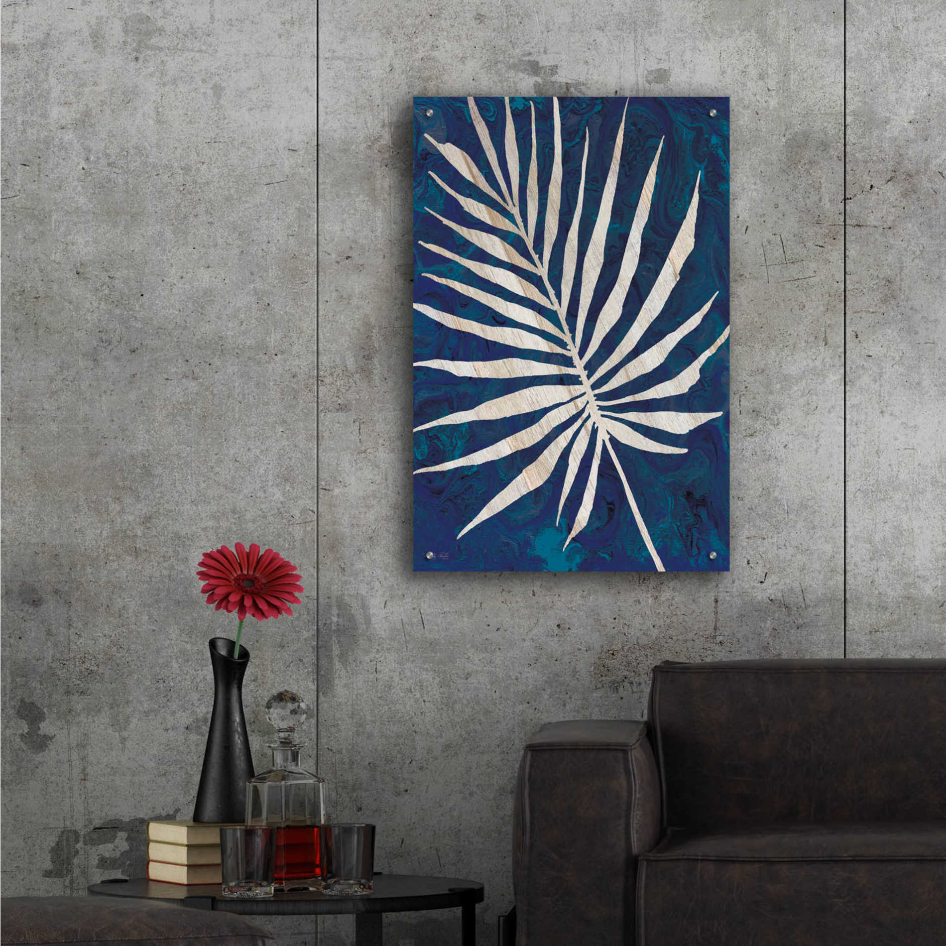 Epic Art 'Palm Leaf Navy' by Cindy Jacobs, Acrylic Glass Wall Art,24x36