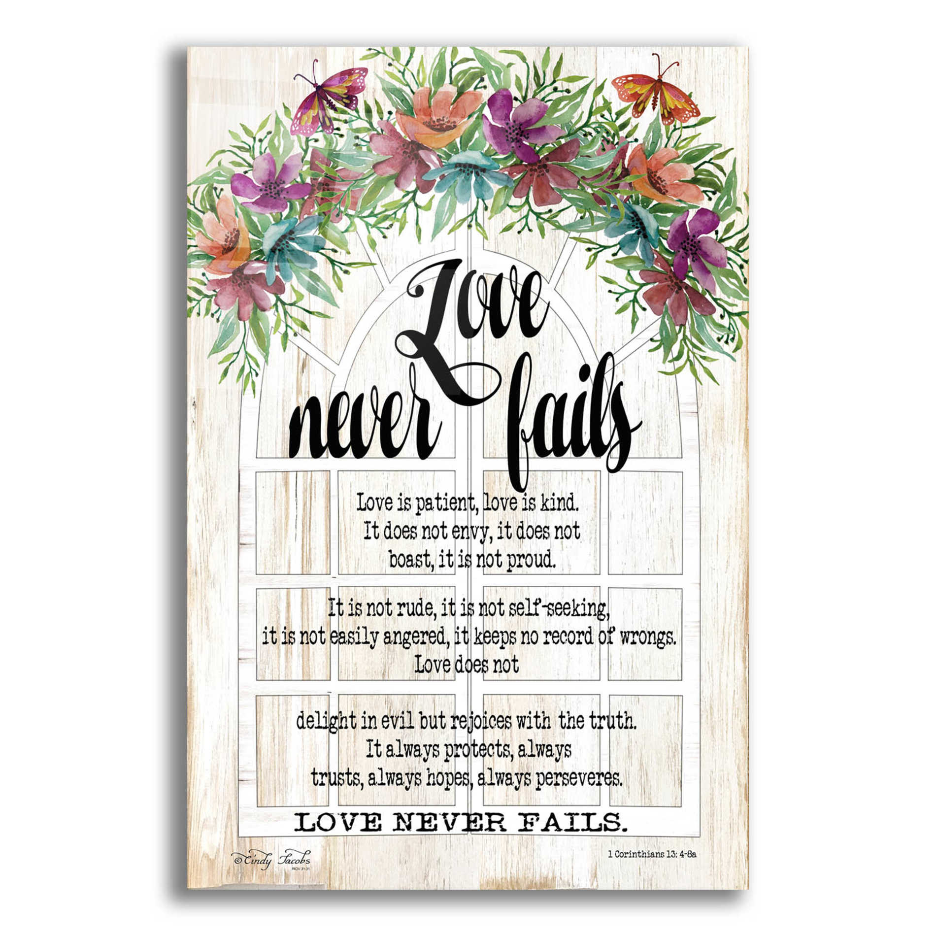 Epic Art 'Floral Love Never Fails' by Cindy Jacobs, Acrylic Glass Wall Art,12x16