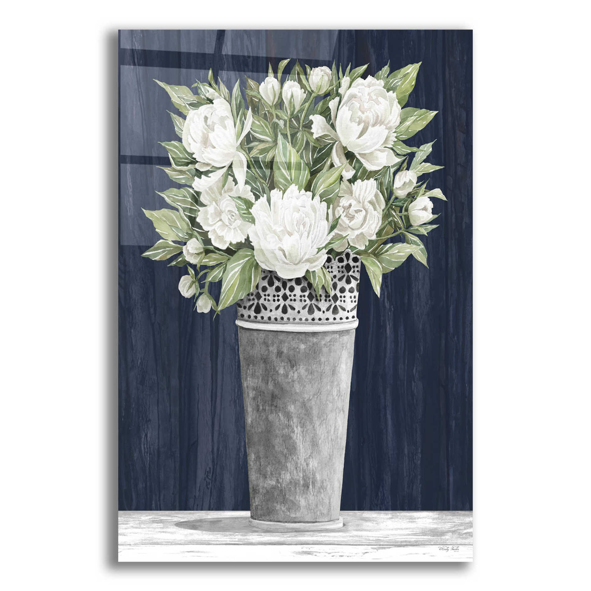 Epic Art 'Punched Tin White Floral' by Cindy Jacobs, Acrylic Glass Wall Art,12x16