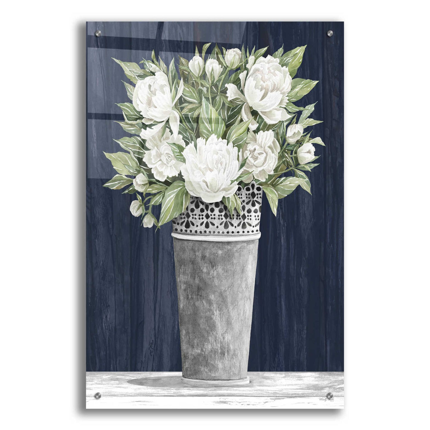 Epic Art 'Punched Tin White Floral' by Cindy Jacobs, Acrylic Glass Wall Art,24x36