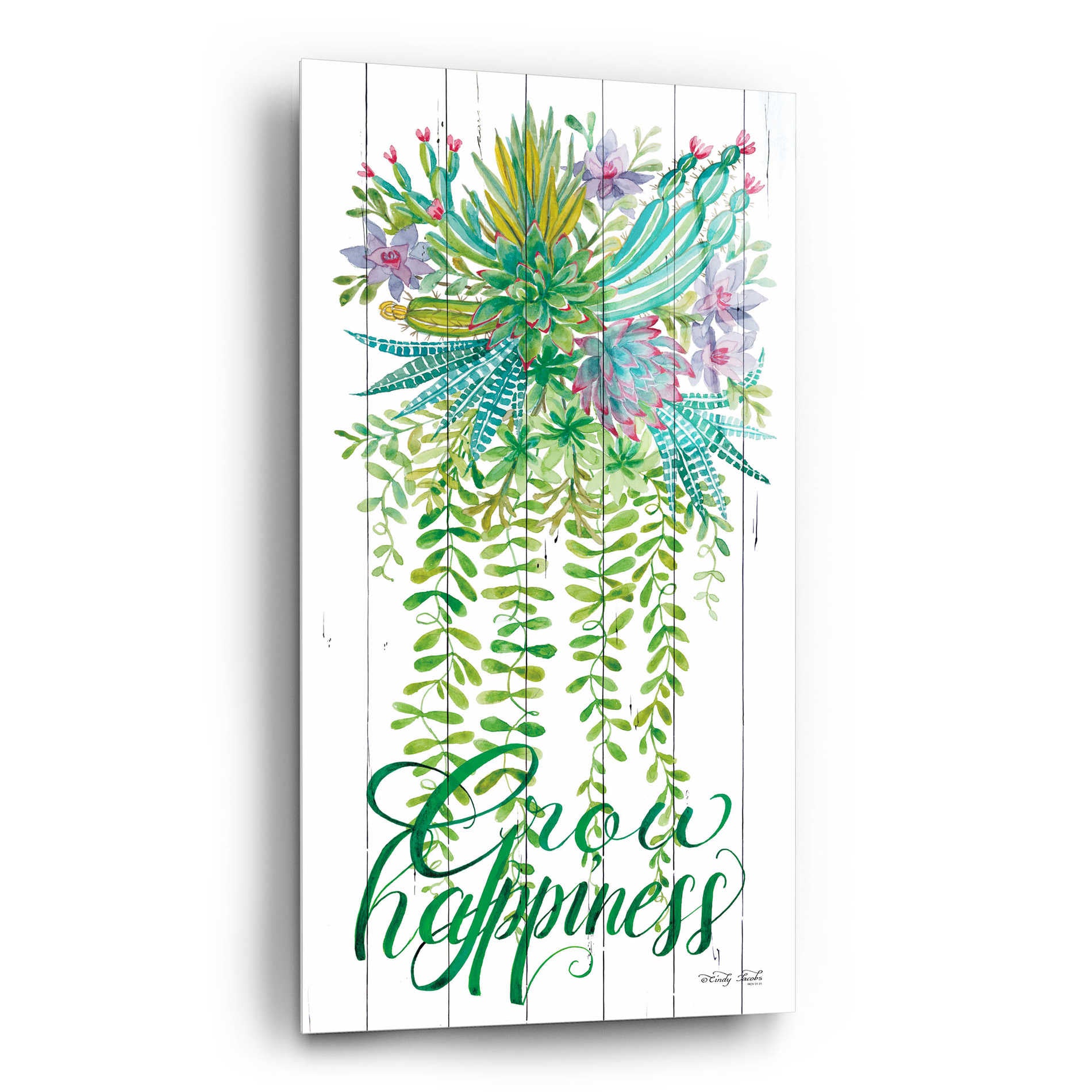 Epic Art 'Grow Happiness Hanging Plant' by Cindy Jacobs, Acrylic Glass Wall Art,12x24