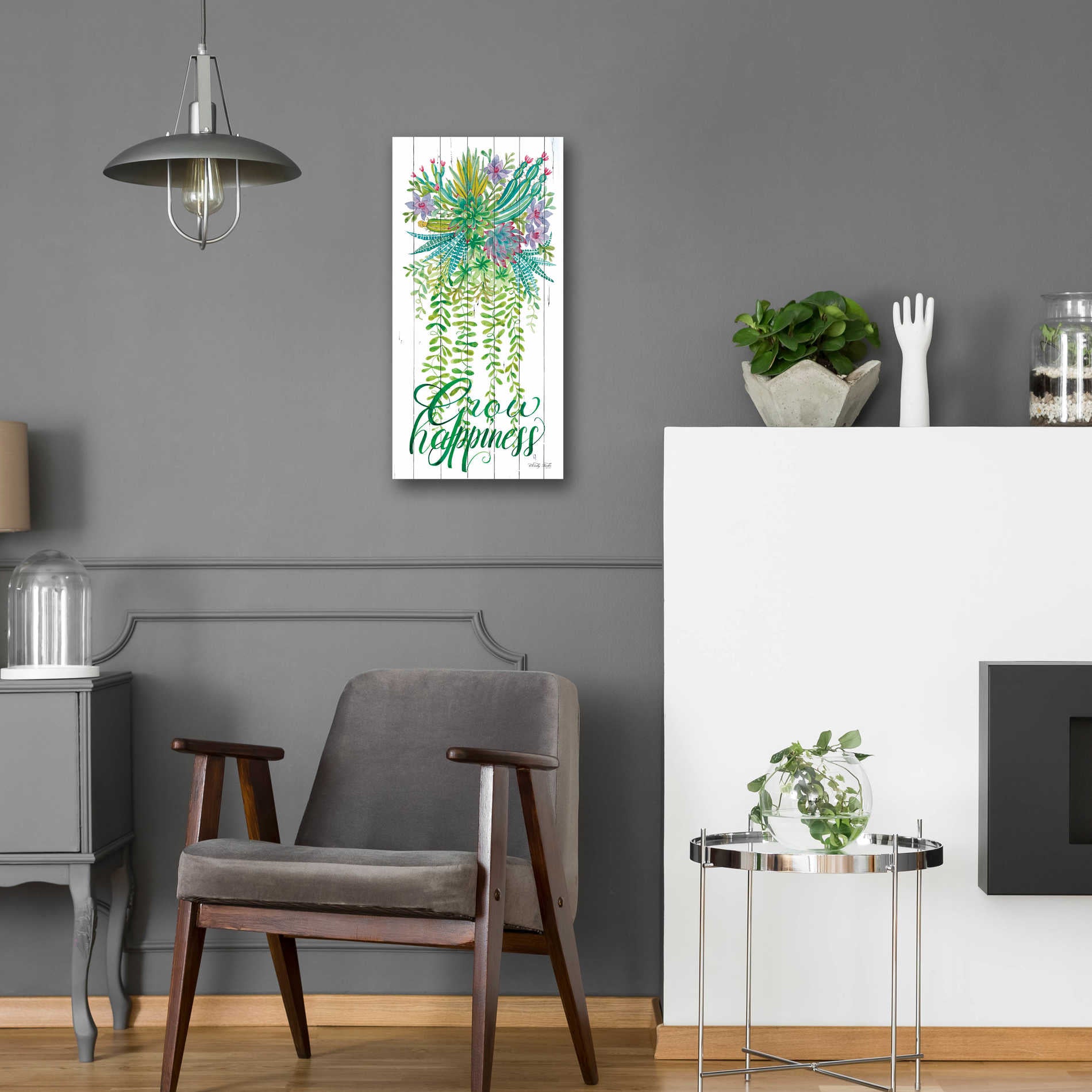 Epic Art 'Grow Happiness Hanging Plant' by Cindy Jacobs, Acrylic Glass Wall Art,12x24