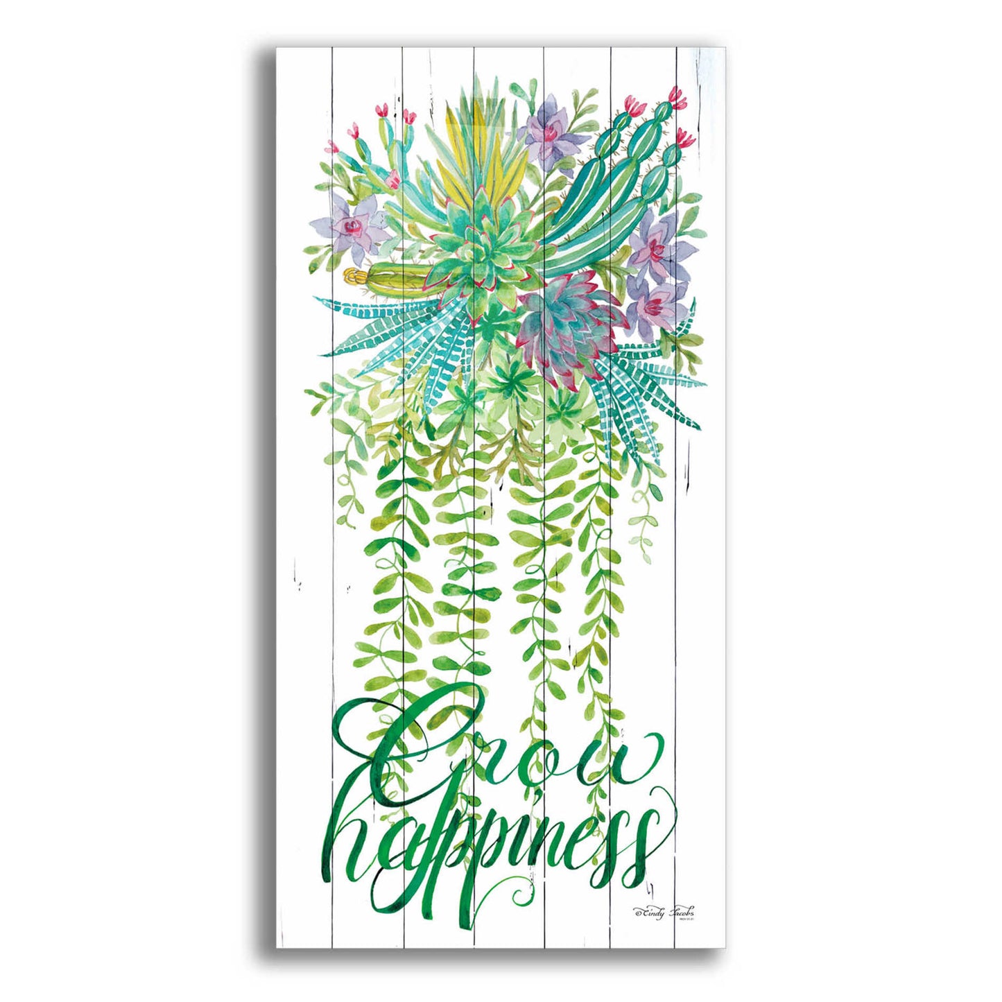 Epic Art 'Grow Happiness Hanging Plant' by Cindy Jacobs, Acrylic Glass Wall Art,12x24