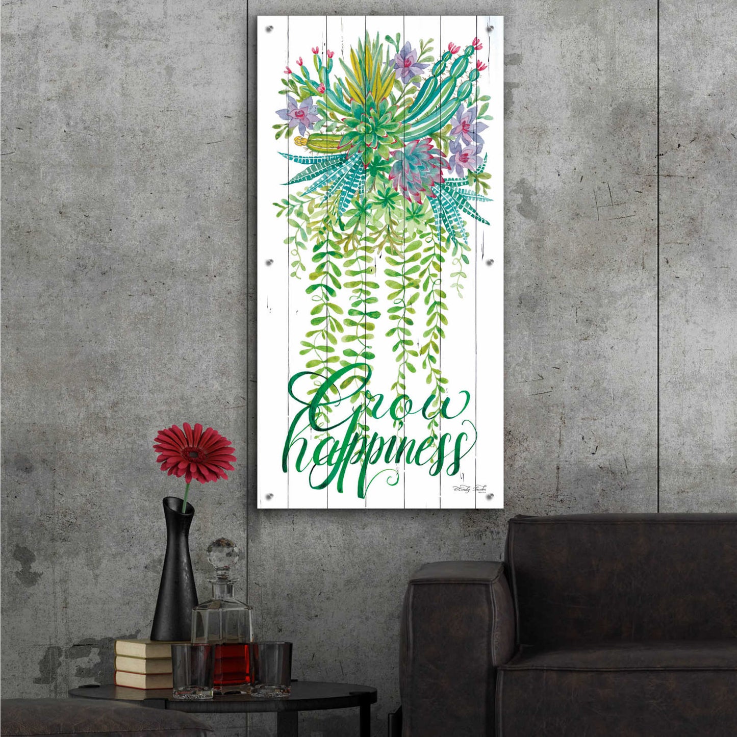 Epic Art 'Grow Happiness Hanging Plant' by Cindy Jacobs, Acrylic Glass Wall Art,24x48