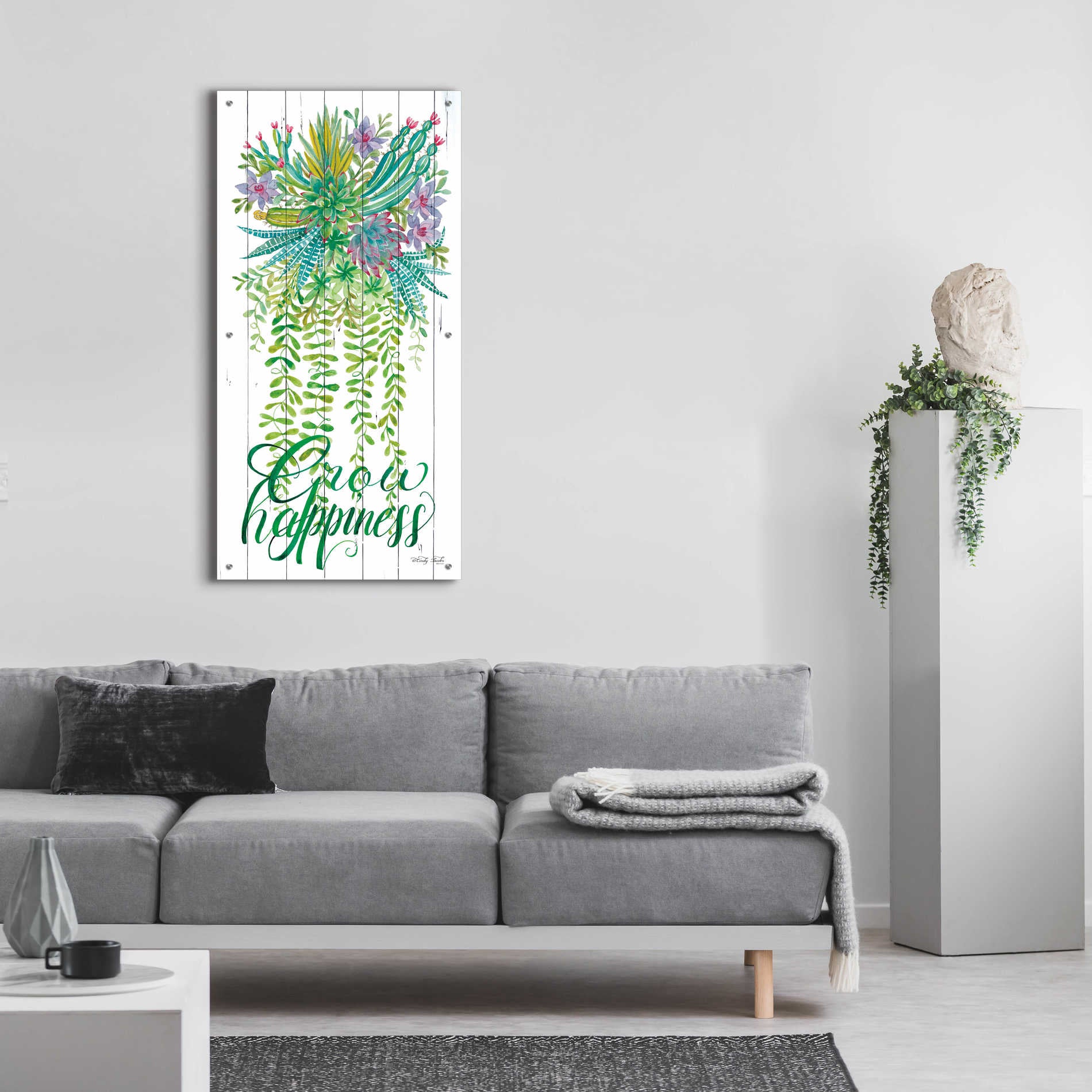 Epic Art 'Grow Happiness Hanging Plant' by Cindy Jacobs, Acrylic Glass Wall Art,24x48