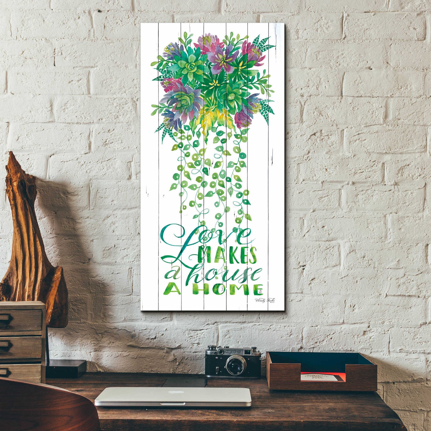 Epic Art 'Love Makes a Home Hanging Plant' by Cindy Jacobs, Acrylic Glass Wall Art,12x24