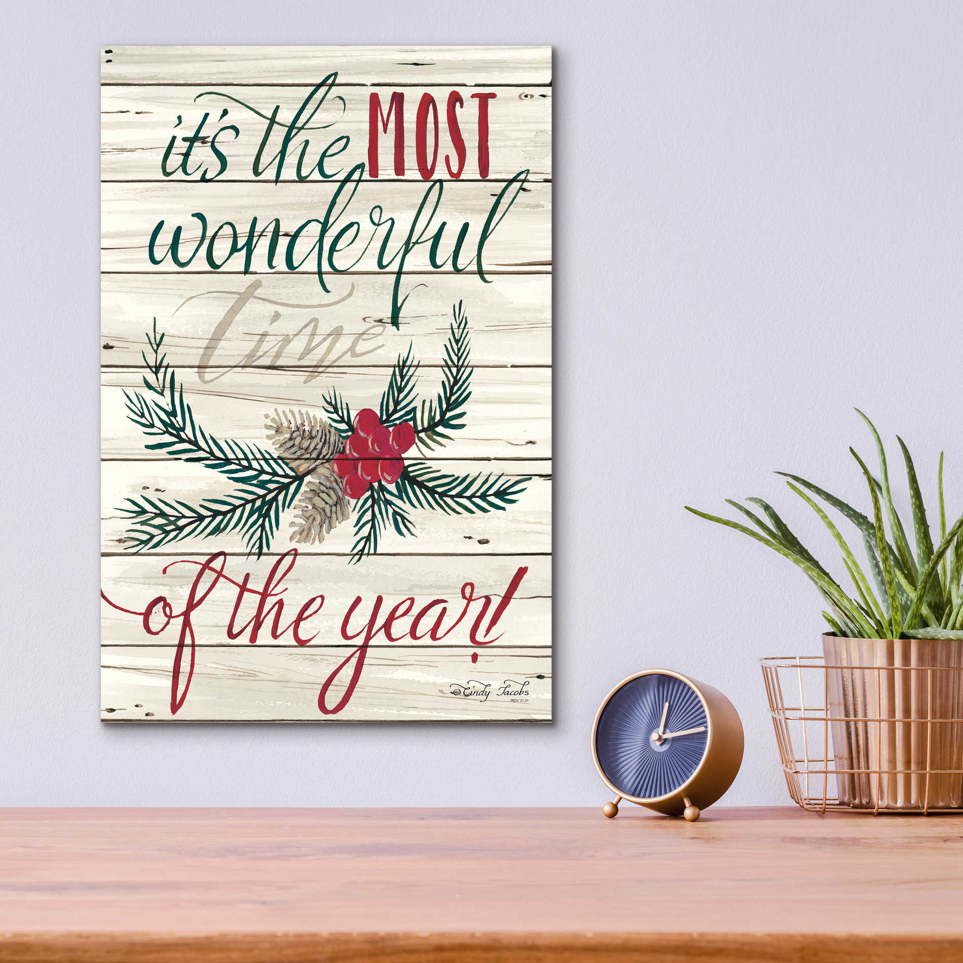 Epic Art 'The Most Wonderful Time Shiplap 2' by Cindy Jacobs, Acrylic Glass Wall Art,12x16