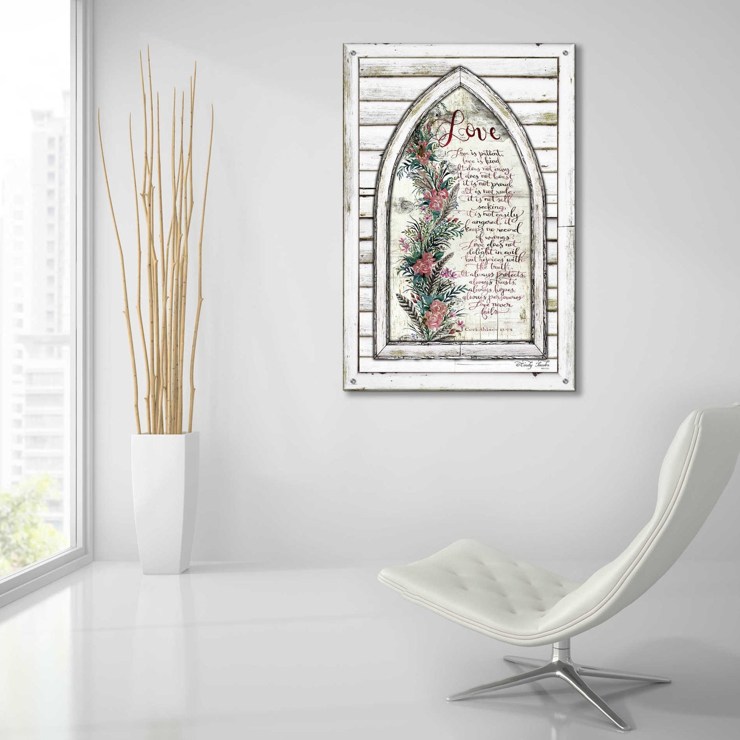 Epic Art 'Love is Patient Arch with Flowers' by Cindy Jacobs, Acrylic Glass Wall Art,24x36