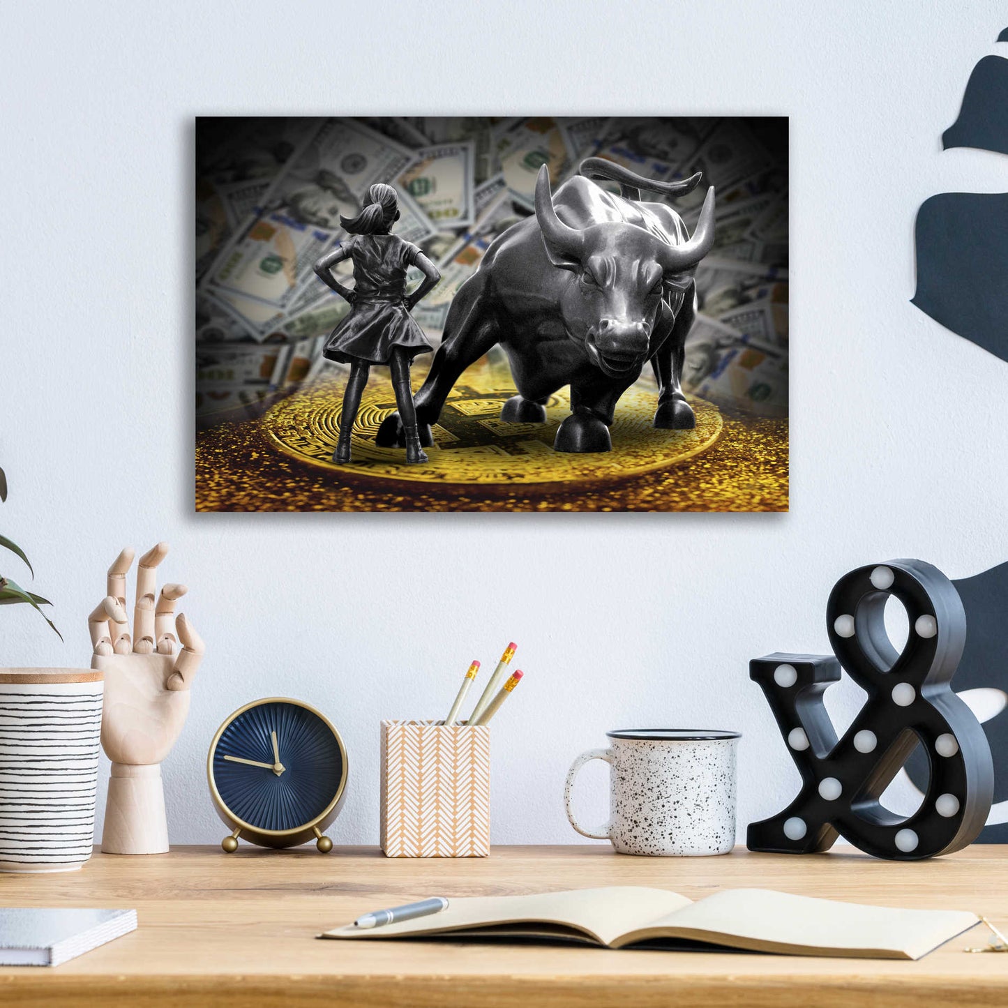 Epic Art 'Fearless Girl and Charging Bull on Bitcoin,' Acrylic Glass Wall Art,16x12