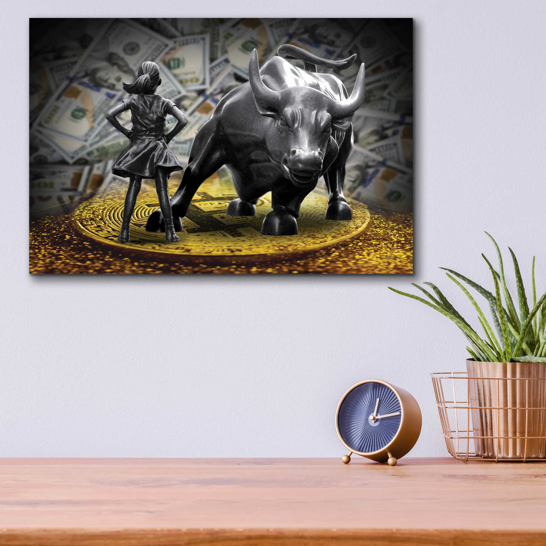 Epic Art 'Fearless Girl and Charging Bull on Bitcoin,' Acrylic Glass Wall Art,16x12