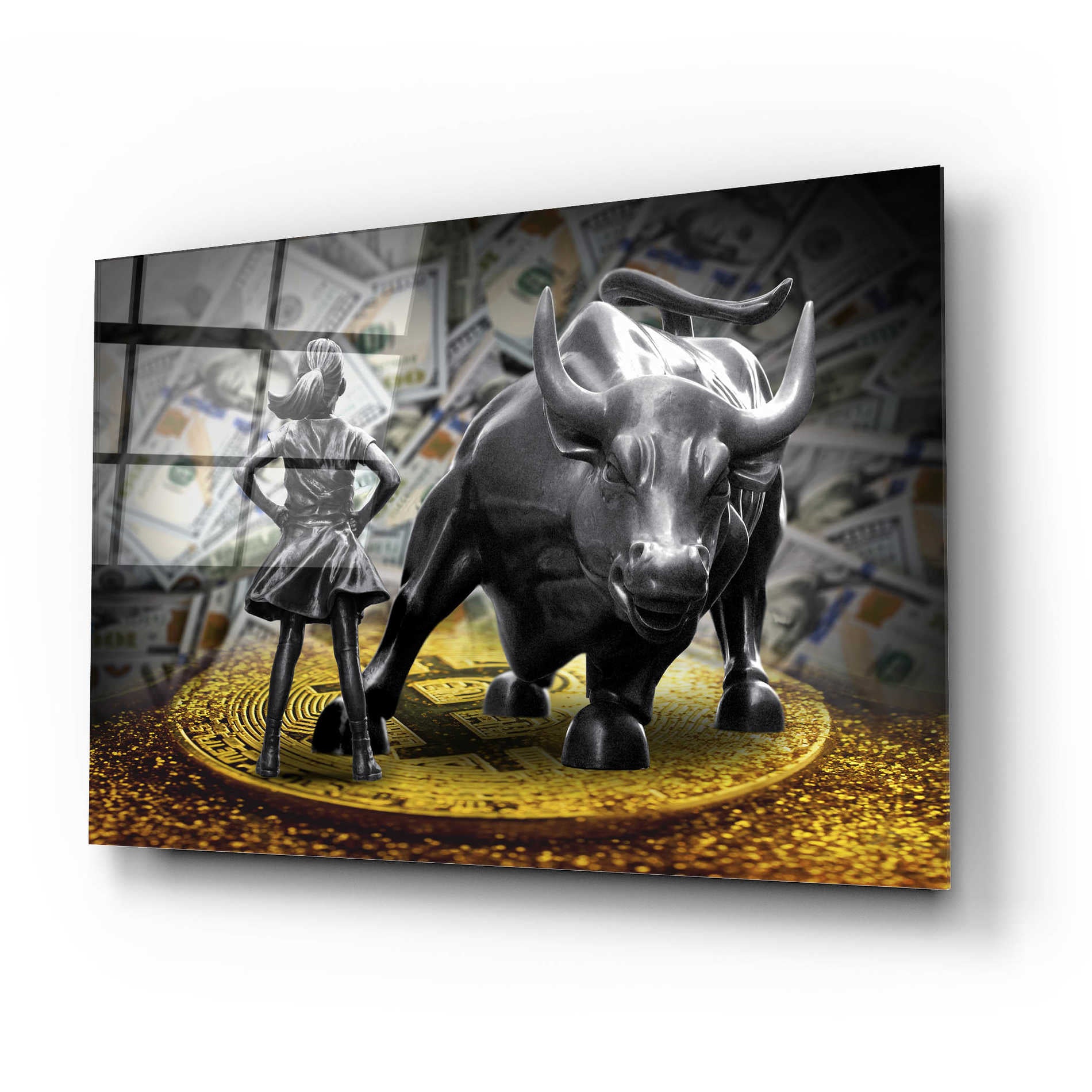 Epic Art 'Fearless Girl and Charging Bull on Bitcoin,' Acrylic Glass Wall Art,24x16
