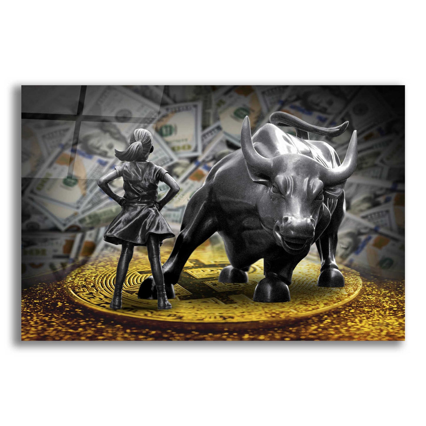 Epic Art 'Fearless Girl and Charging Bull on Bitcoin,' Acrylic Glass Wall Art,24x16