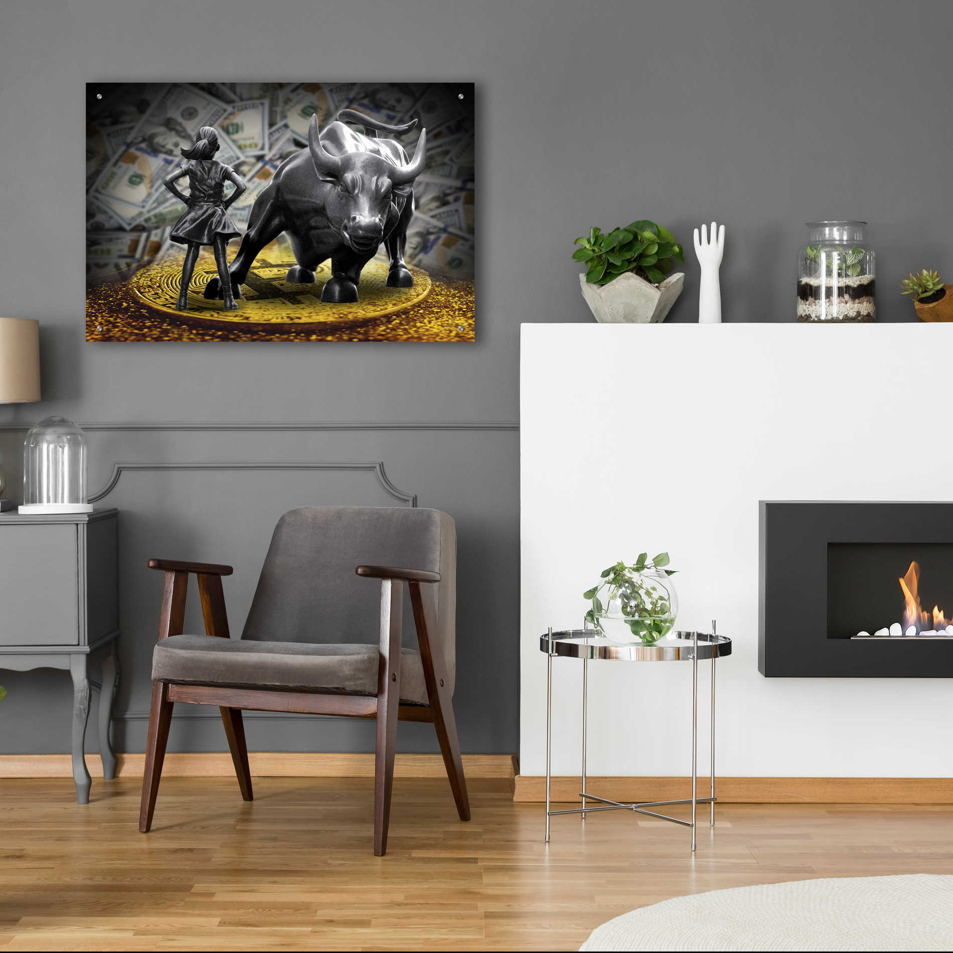 Epic Art 'Fearless Girl and Charging Bull on Bitcoin,' Acrylic Glass Wall Art,36x24