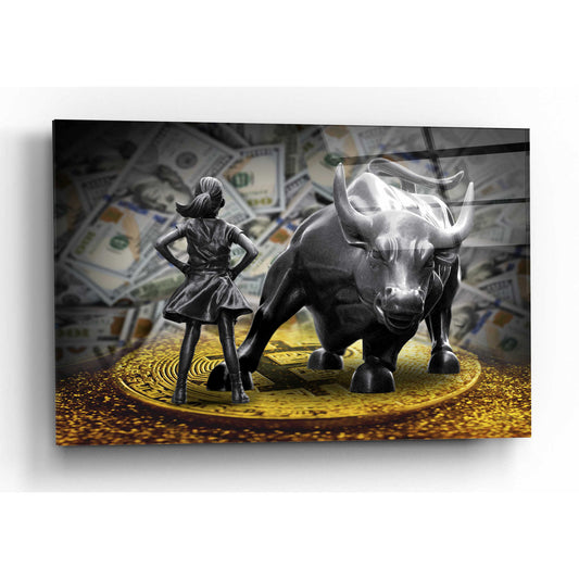 Epic Art 'Fearless Girl and Charging Bull on Bitcoin,' Acrylic Glass Wall Art