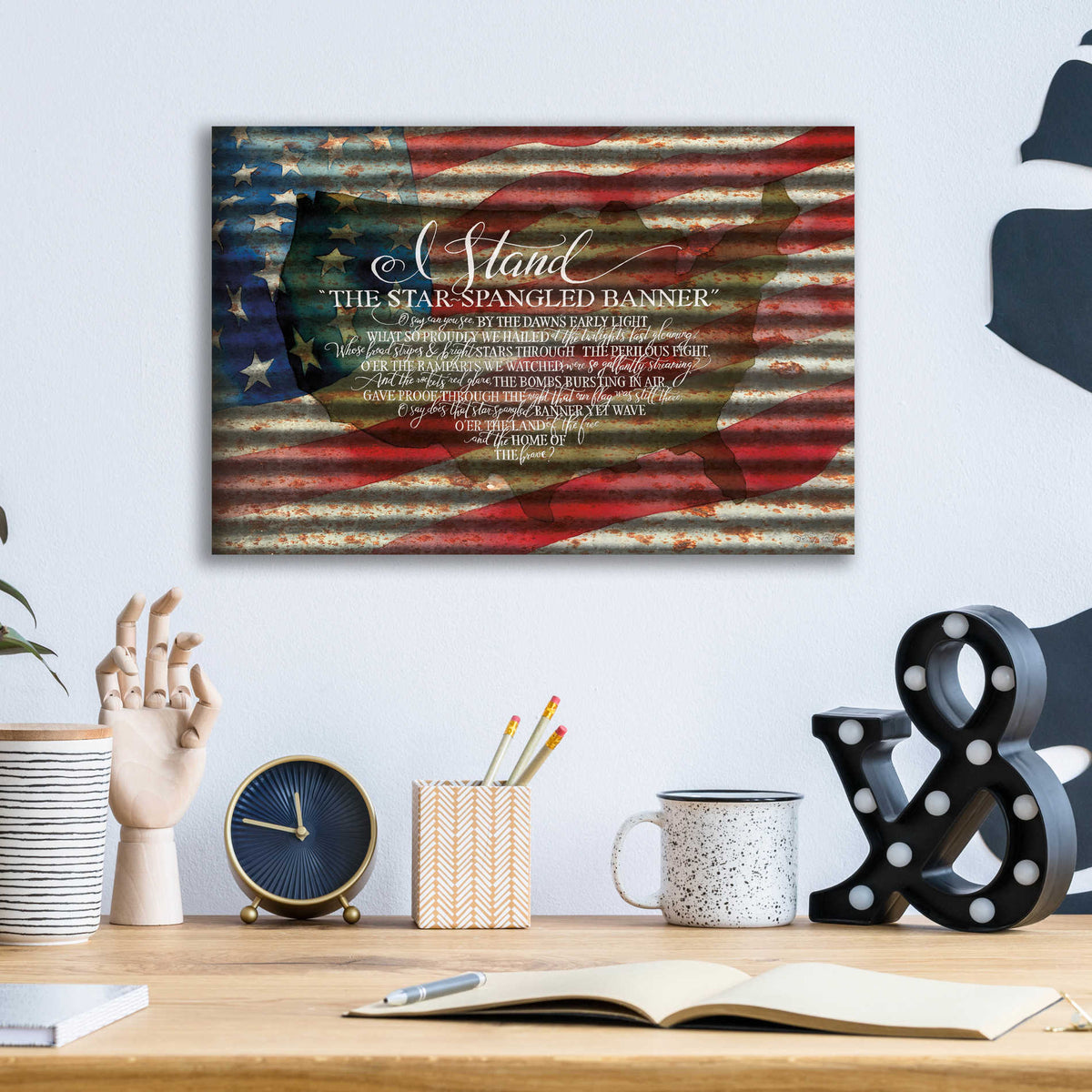 Epic Art 'I Stand American Flag on Metal' by Cindy Jacobs, Acrylic Glass Wall Art,16x12