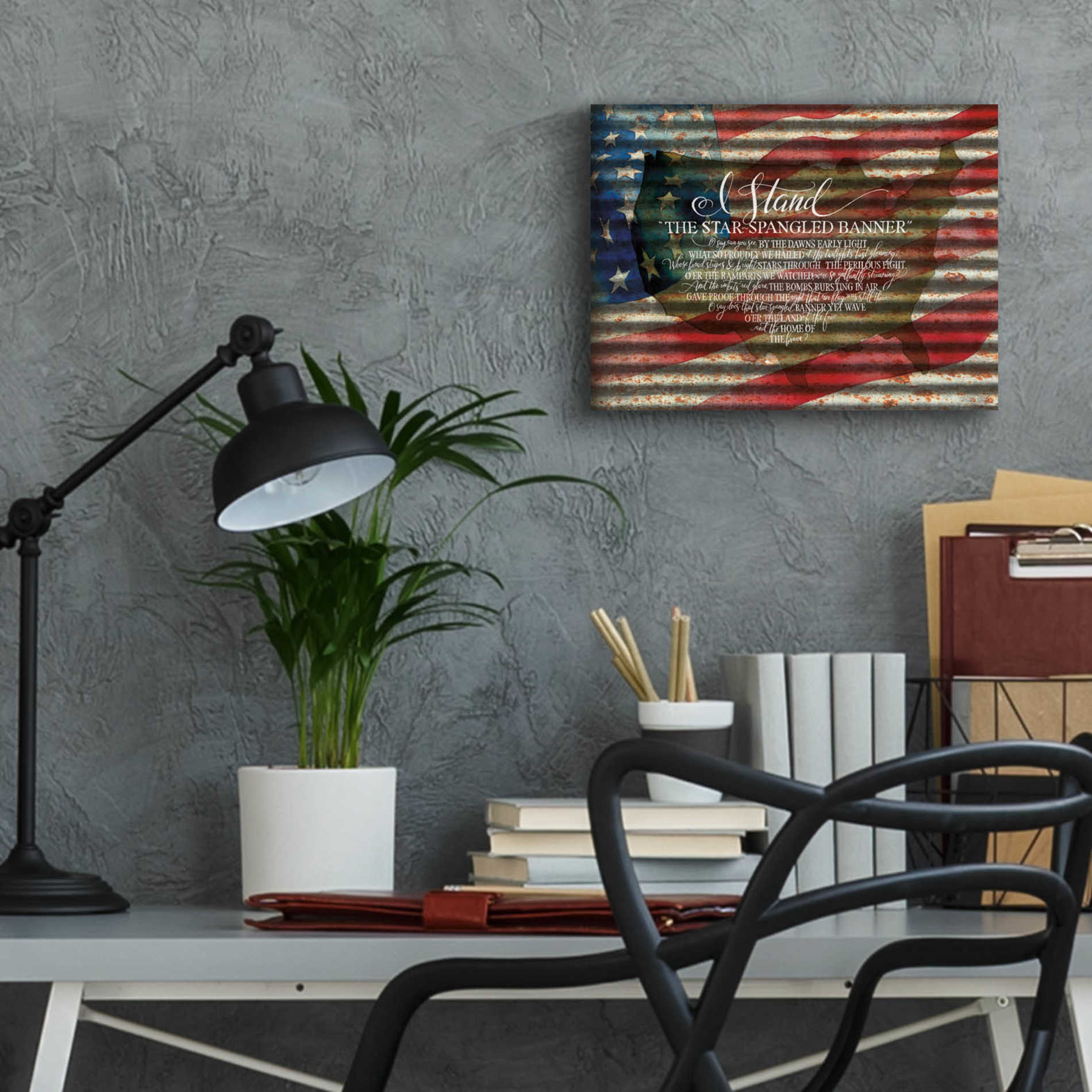 Epic Art 'I Stand American Flag on Metal' by Cindy Jacobs, Acrylic Glass Wall Art,16x12