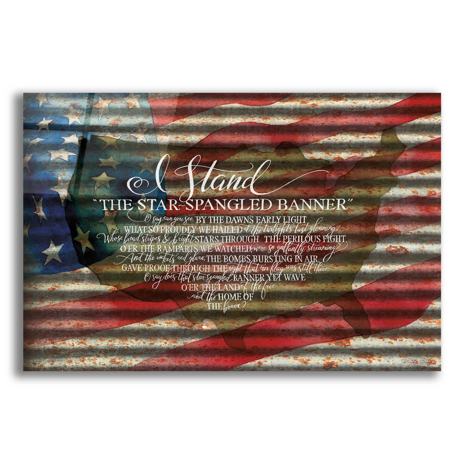 Epic Art 'I Stand American Flag on Metal' by Cindy Jacobs, Acrylic Glass Wall Art,16x12