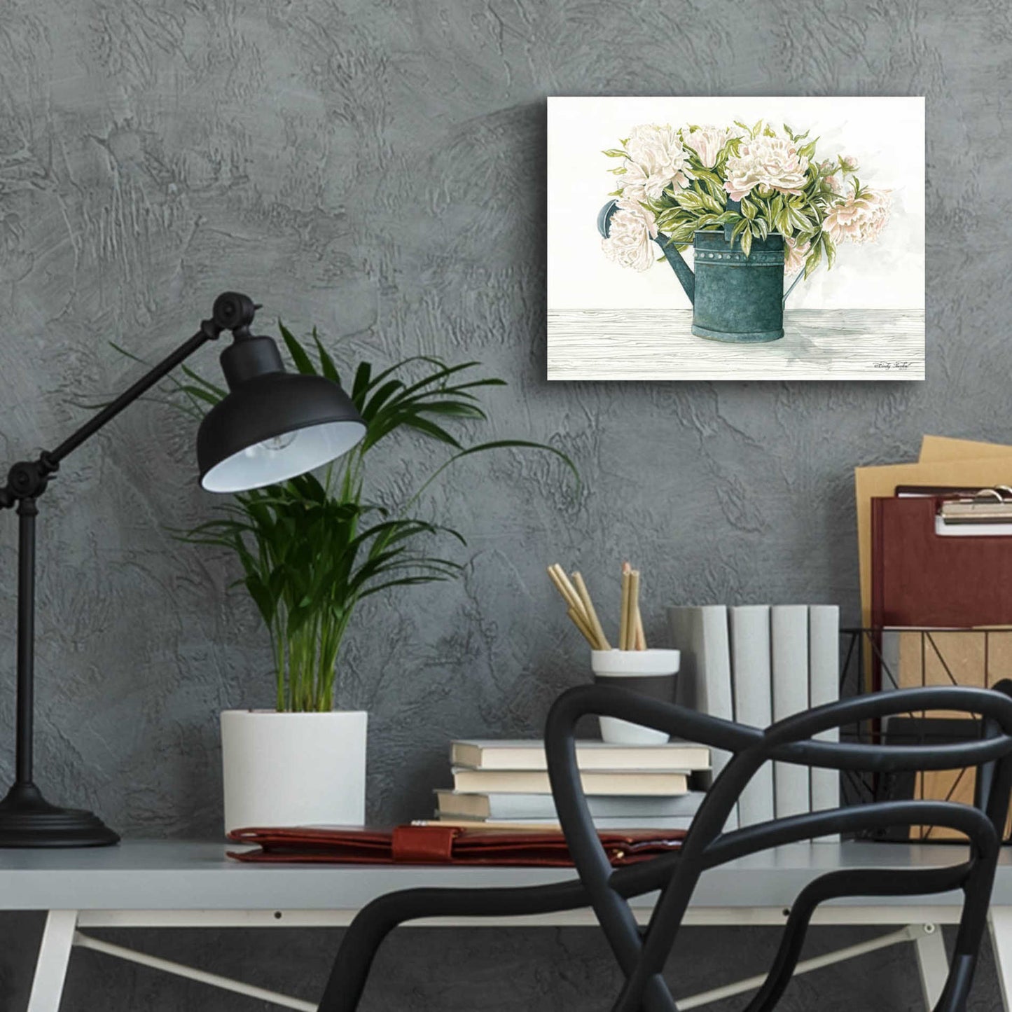 Epic Art 'Galvanized Watering Can Peonies' by Cindy Jacobs, Acrylic Glass Wall Art,16x12