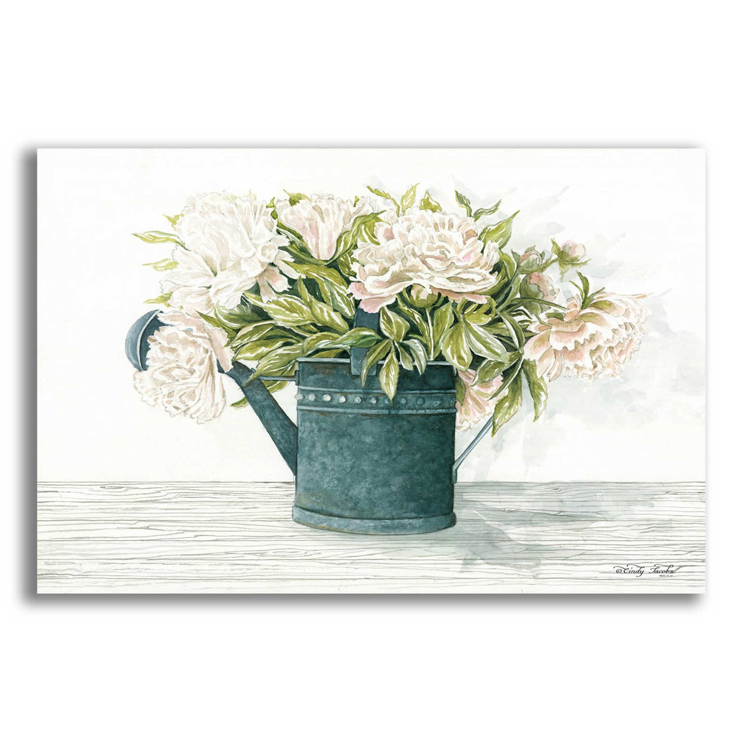 Epic Art 'Galvanized Watering Can Peonies' by Cindy Jacobs, Acrylic Glass Wall Art,16x12