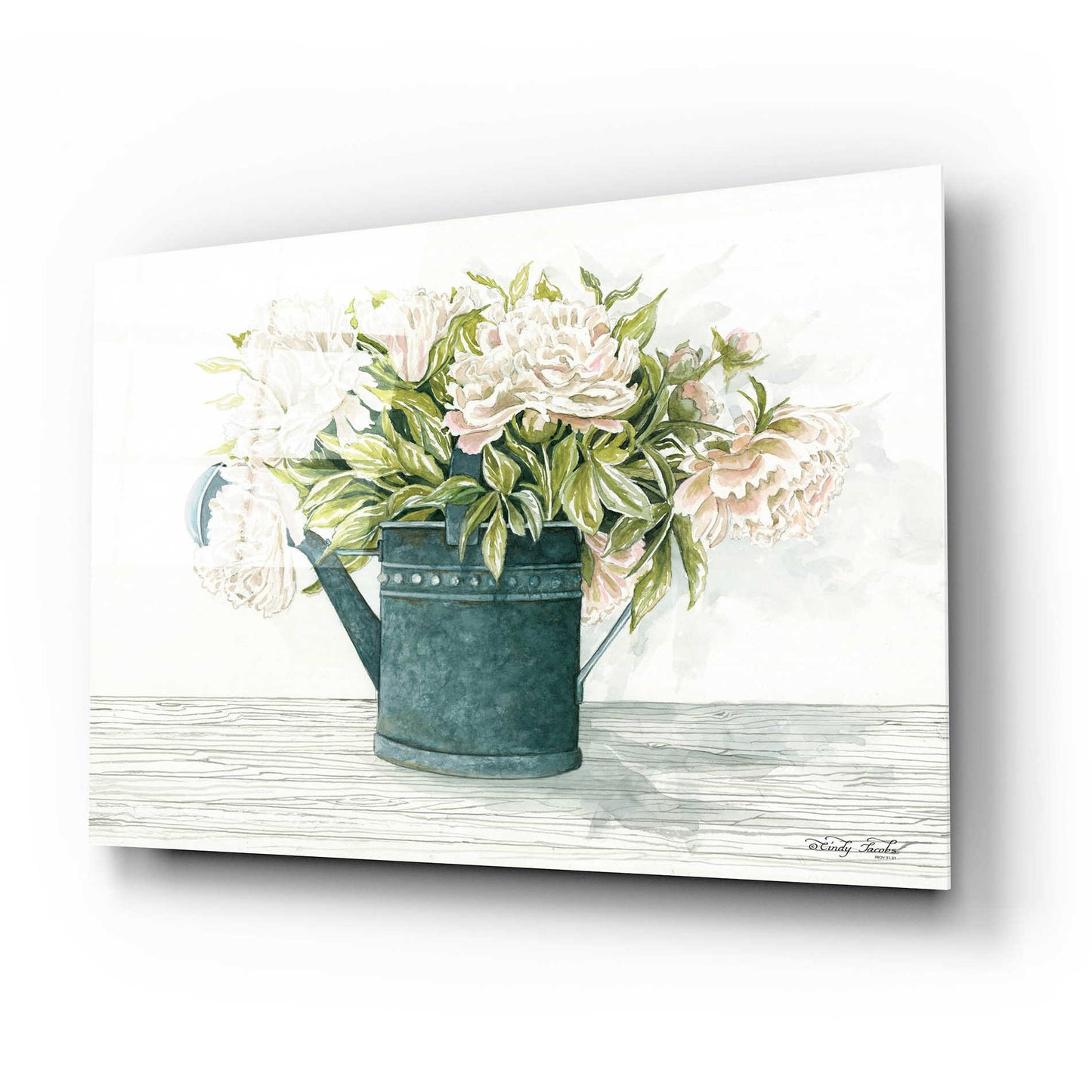 Epic Art 'Galvanized Watering Can Peonies' by Cindy Jacobs, Acrylic Glass Wall Art,24x16