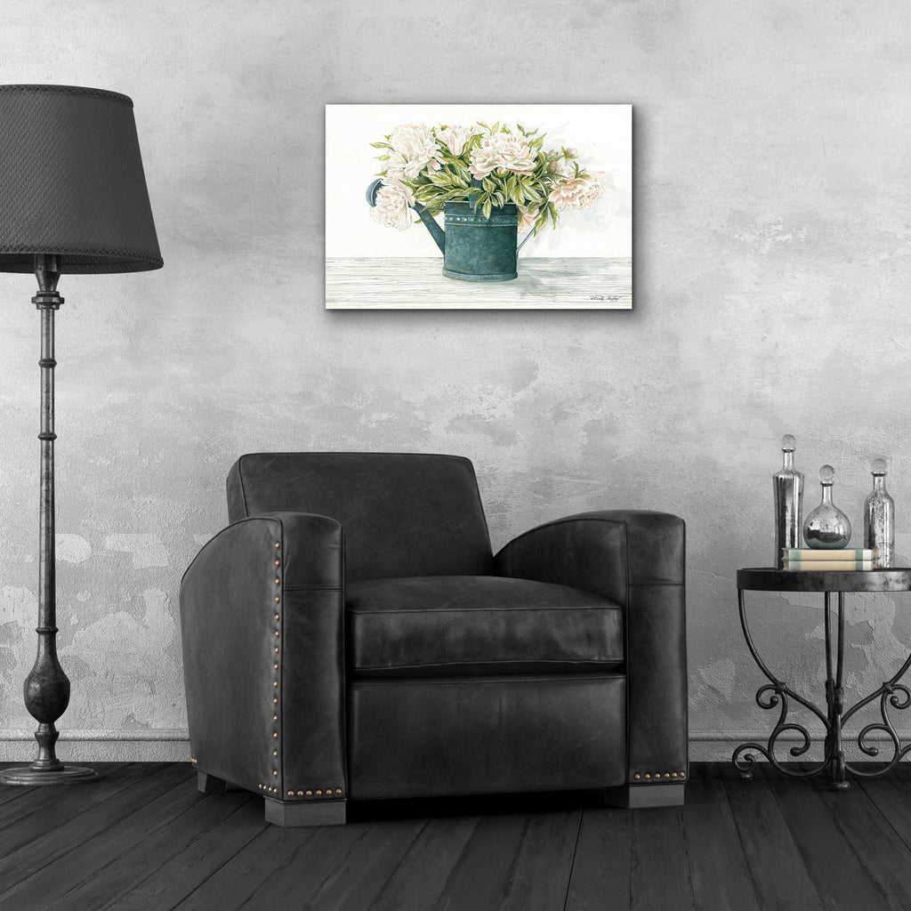 Epic Art 'Galvanized Watering Can Peonies' by Cindy Jacobs, Acrylic Glass Wall Art,24x16