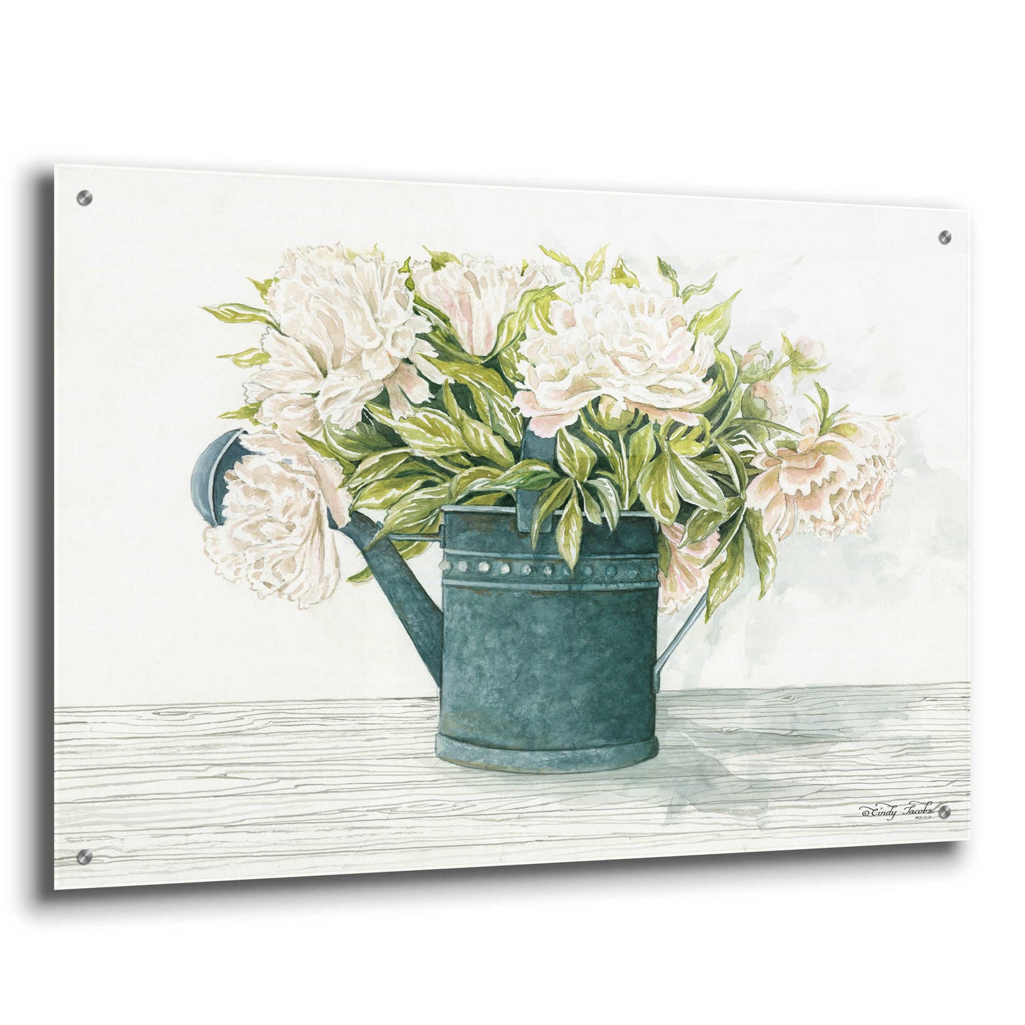 Epic Art 'Galvanized Watering Can Peonies' by Cindy Jacobs, Acrylic Glass Wall Art,36x24