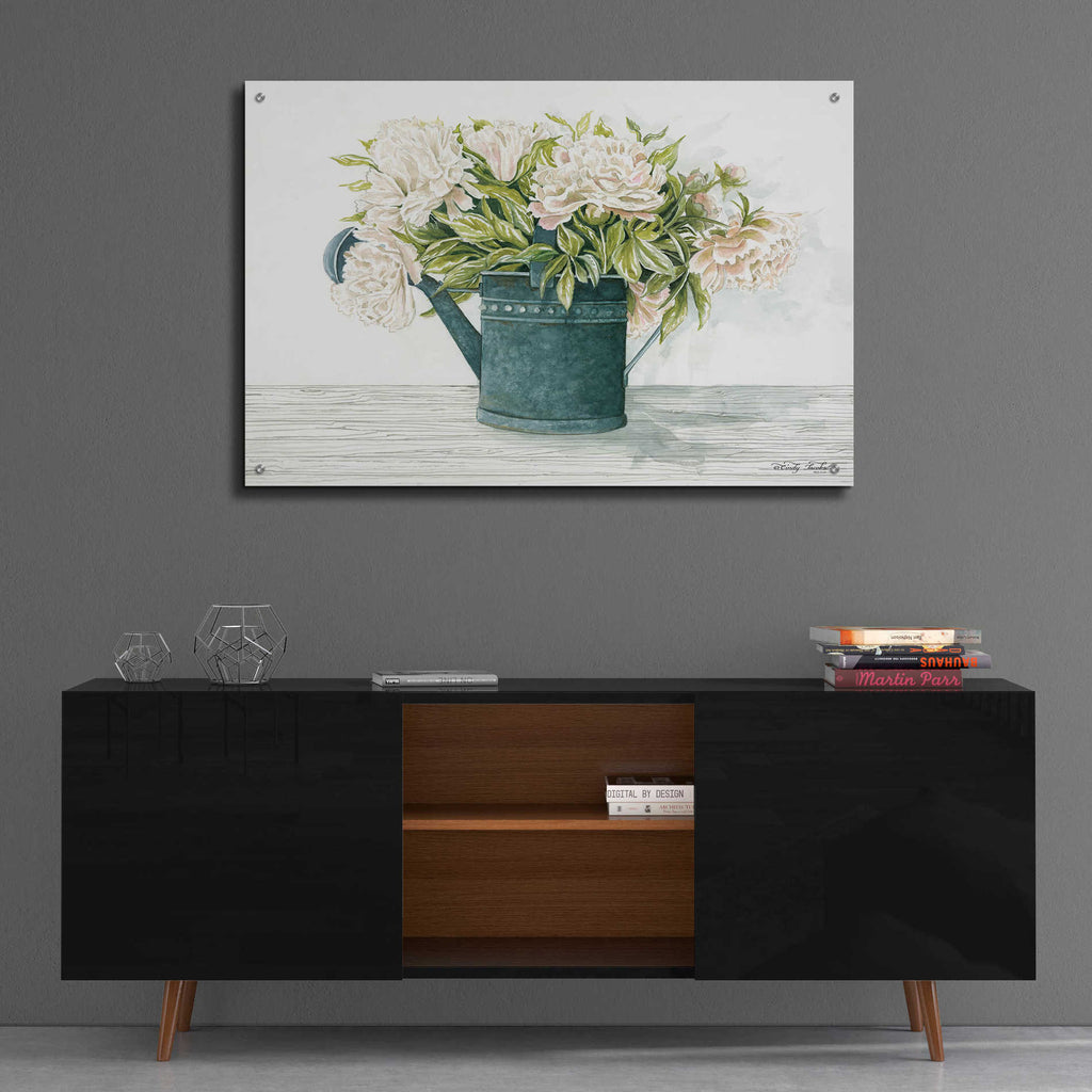 Epic Art 'Galvanized Watering Can Peonies' by Cindy Jacobs, Acrylic Glass Wall Art,36x24