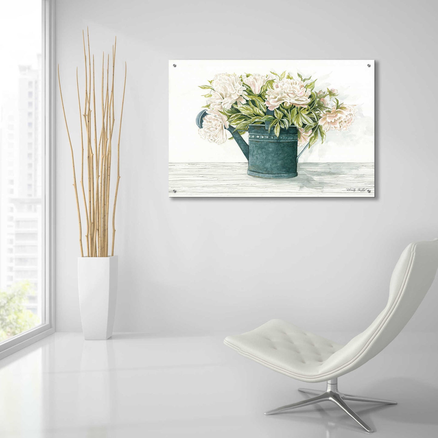 Epic Art 'Galvanized Watering Can Peonies' by Cindy Jacobs, Acrylic Glass Wall Art,36x24