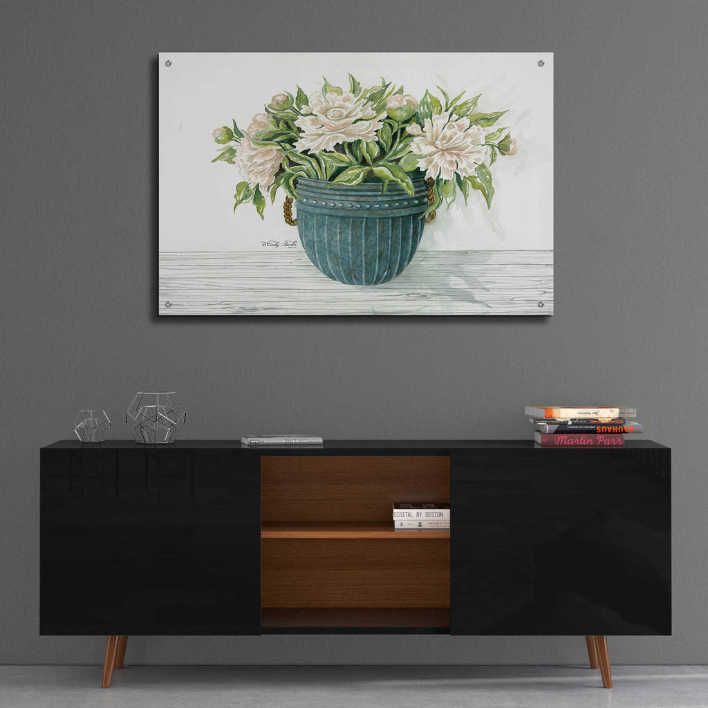 Epic Art 'Galvanized Pot Peonies' by Cindy Jacobs, Acrylic Glass Wall Art,36x24
