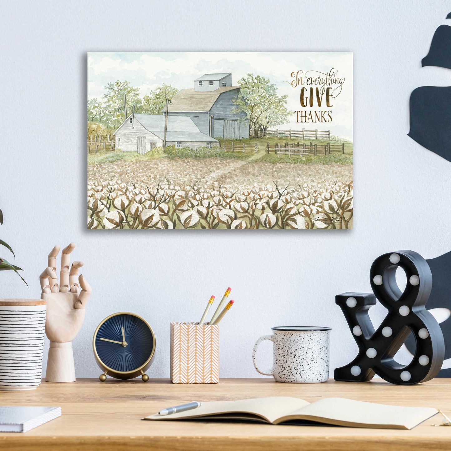 Epic Art 'In Everything Give Thanks Farmhouse' by Cindy Jacobs, Acrylic Glass Wall Art,16x12