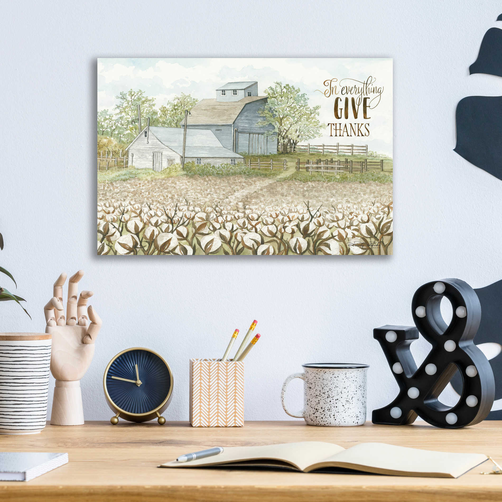 Epic Art 'In Everything Give Thanks Farmhouse' by Cindy Jacobs, Acrylic Glass Wall Art,16x12