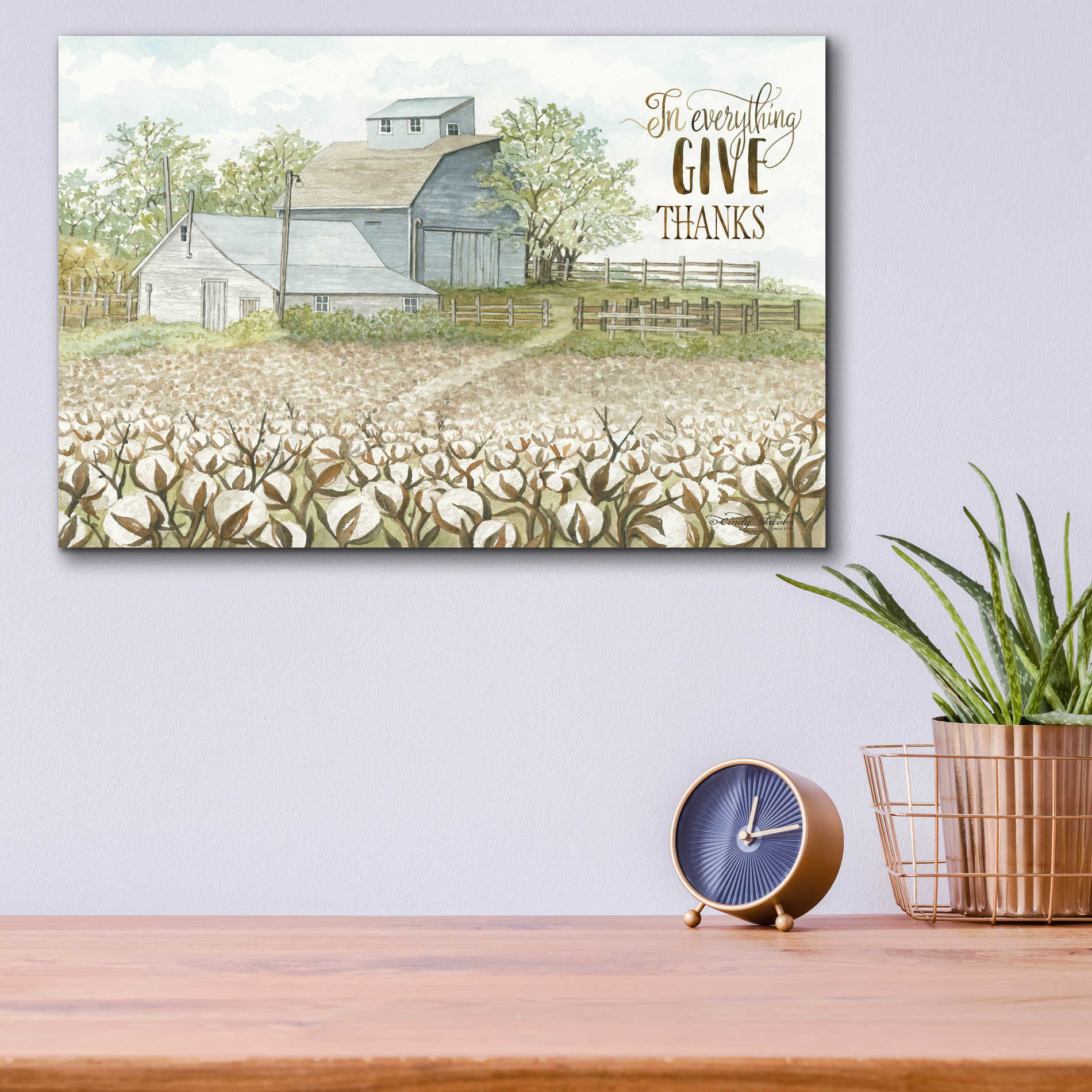 Epic Art 'In Everything Give Thanks Farmhouse' by Cindy Jacobs, Acrylic Glass Wall Art,16x12