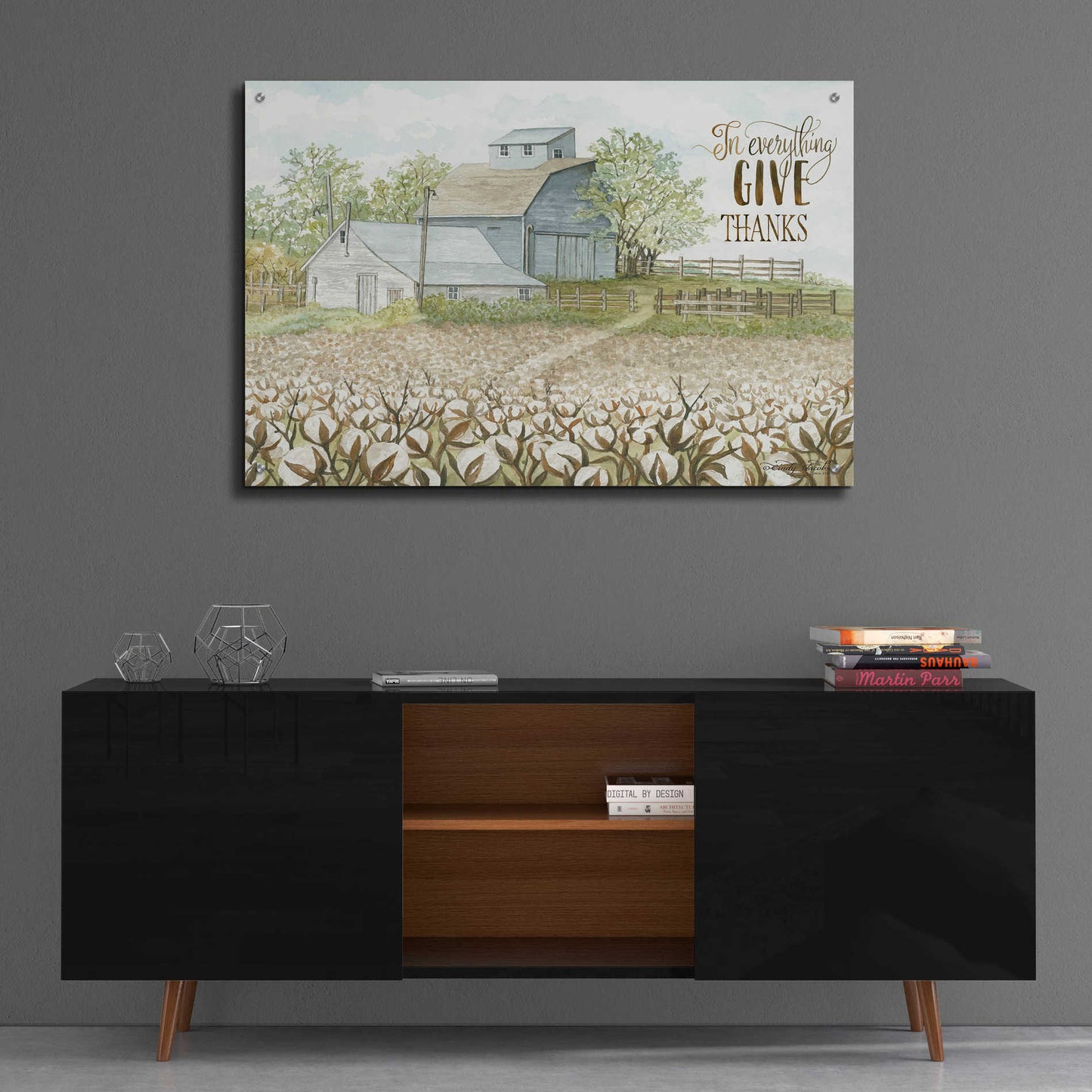 Epic Art 'In Everything Give Thanks Farmhouse' by Cindy Jacobs, Acrylic Glass Wall Art,36x24