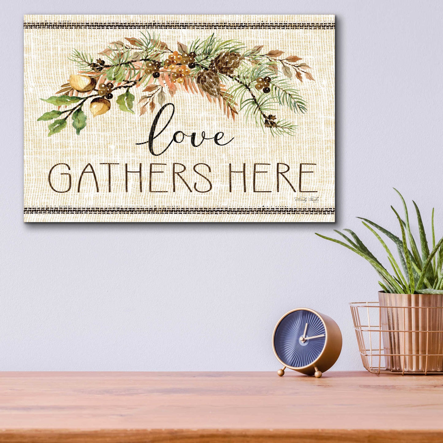 Epic Art 'Love Gathers Here Stitch' by Cindy Jacobs, Acrylic Glass Wall Art,16x12