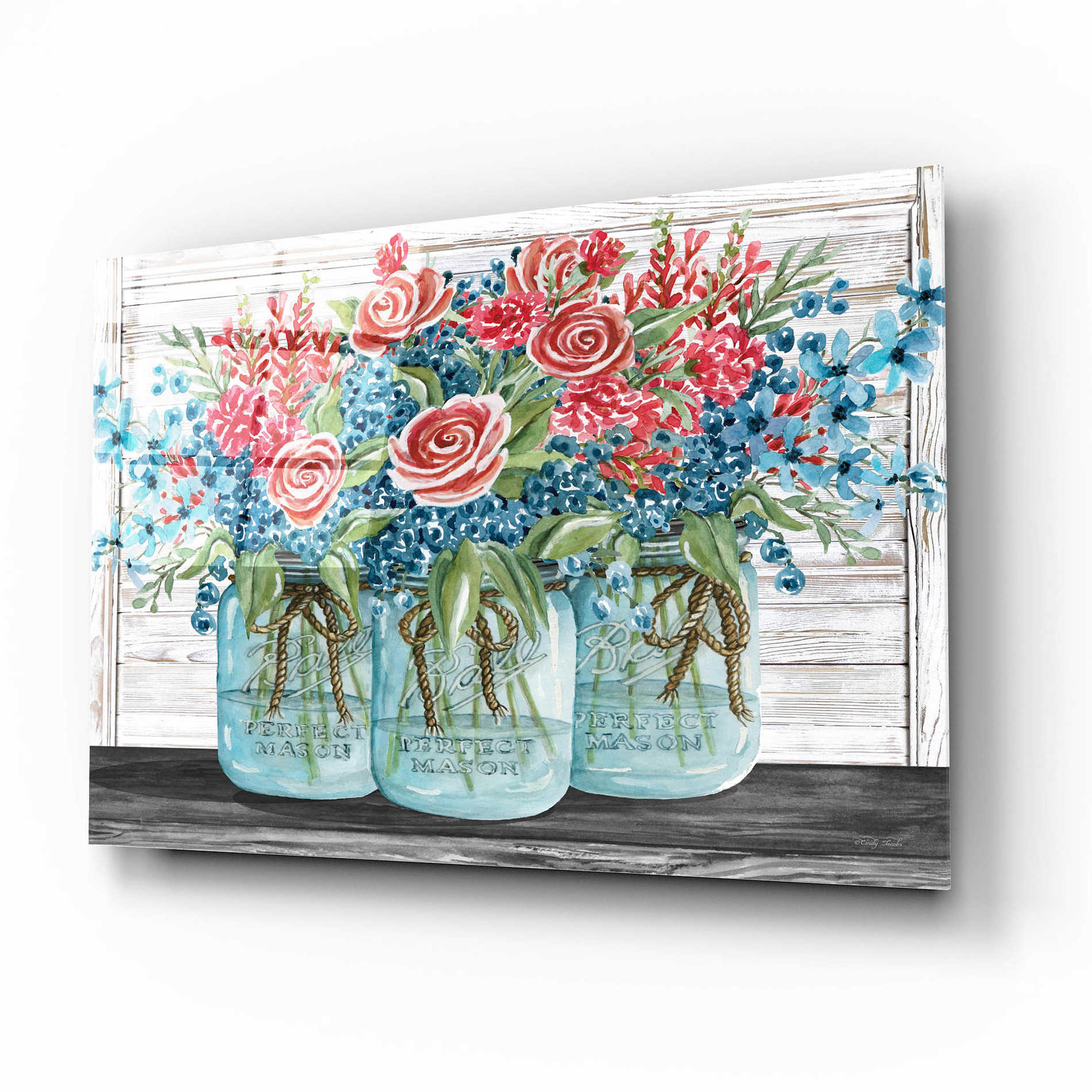 Epic Art 'Red, White & Blue Jars with White Flowers' by Cindy Jacobs, Acrylic Glass Wall Art,16x12