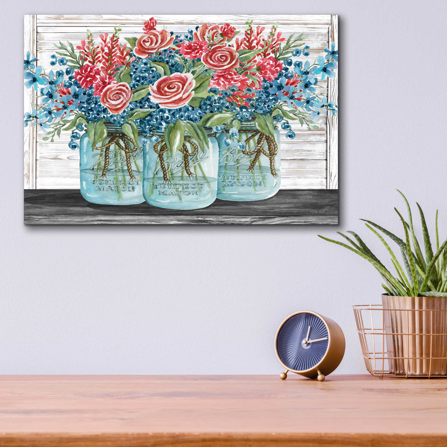 Epic Art 'Red, White & Blue Jars with White Flowers' by Cindy Jacobs, Acrylic Glass Wall Art,16x12