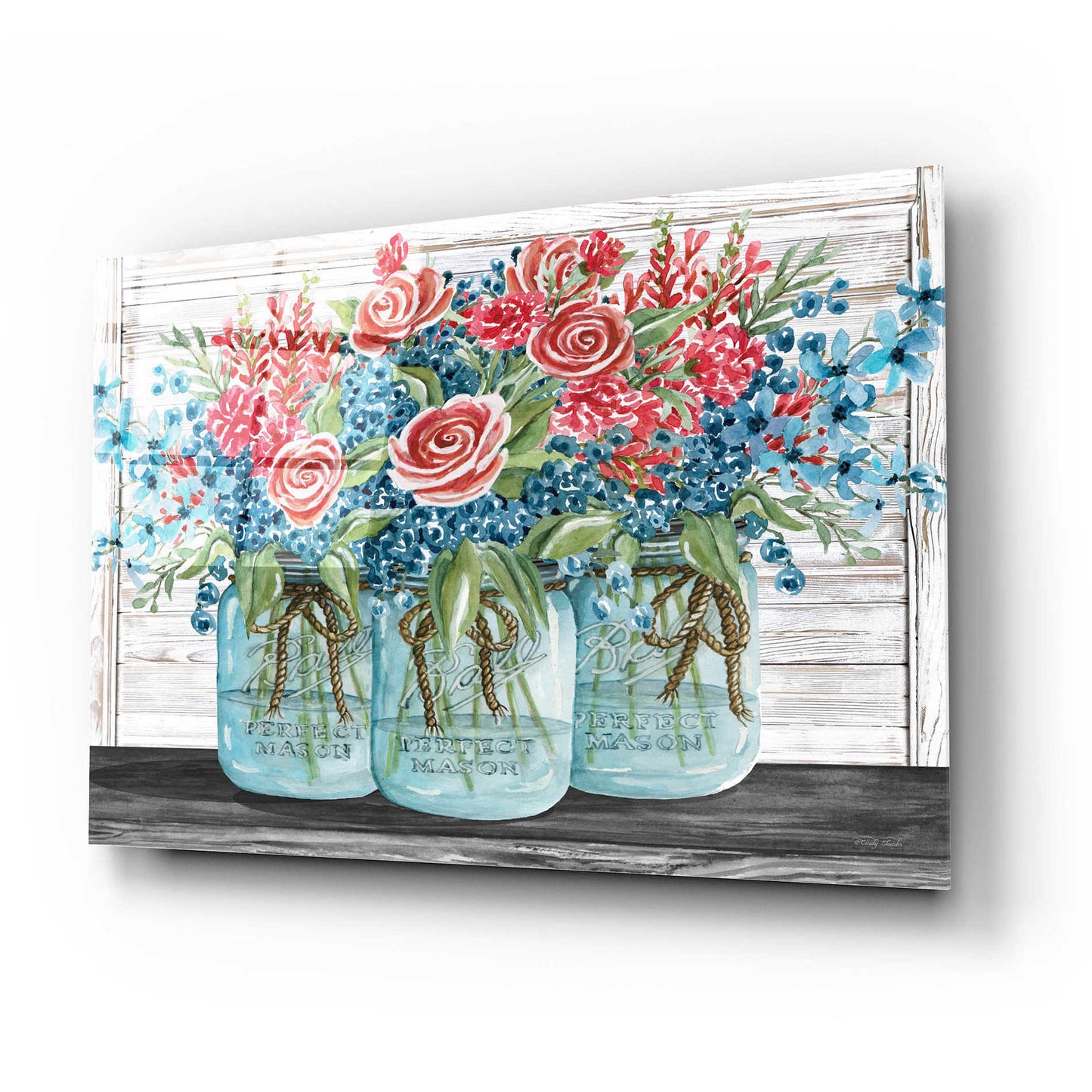 Epic Art 'Red, White & Blue Jars with White Flowers' by Cindy Jacobs, Acrylic Glass Wall Art,24x16