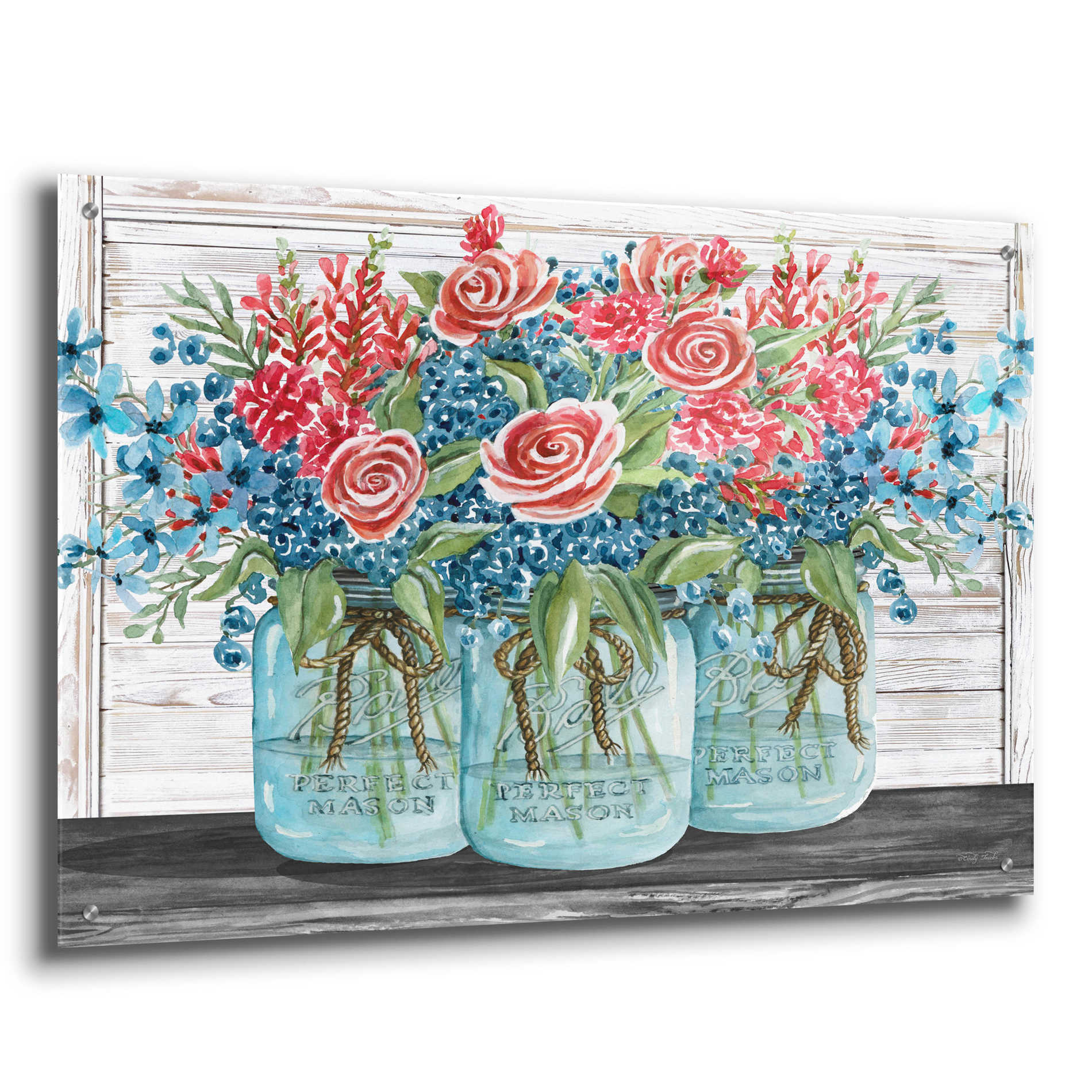 Epic Art 'Red, White & Blue Jars with White Flowers' by Cindy Jacobs, Acrylic Glass Wall Art,36x24