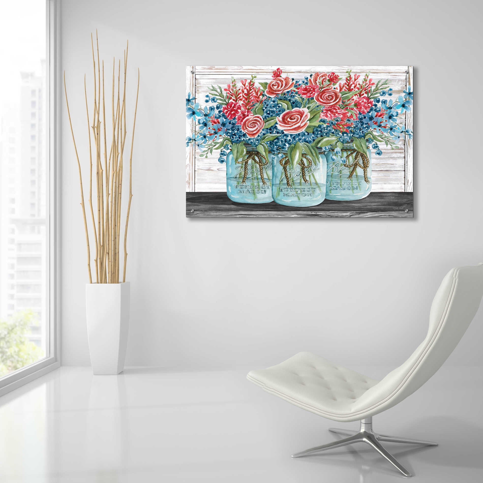 Epic Art 'Red, White & Blue Jars with White Flowers' by Cindy Jacobs, Acrylic Glass Wall Art,36x24