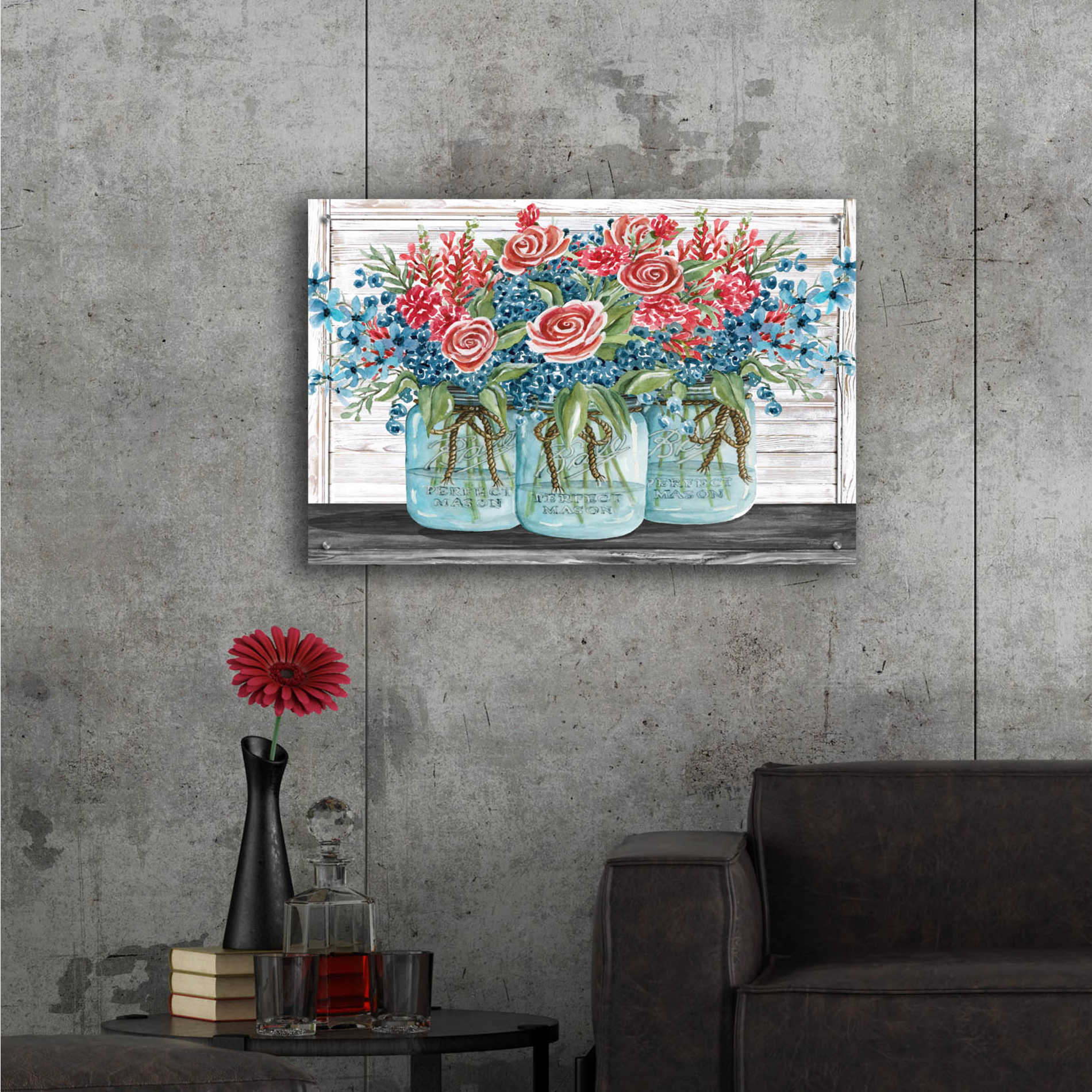 Epic Art 'Red, White & Blue Jars with White Flowers' by Cindy Jacobs, Acrylic Glass Wall Art,36x24