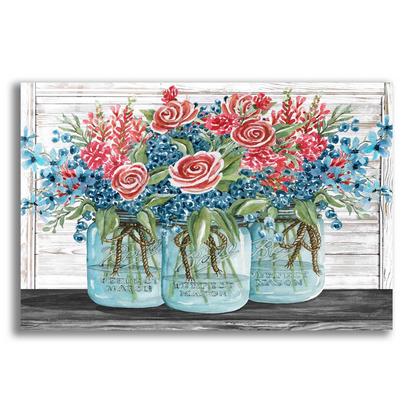 Epic Art 'Red, White & Blue Jars with White Flowers' by Cindy Jacobs, Acrylic Glass Wall Art