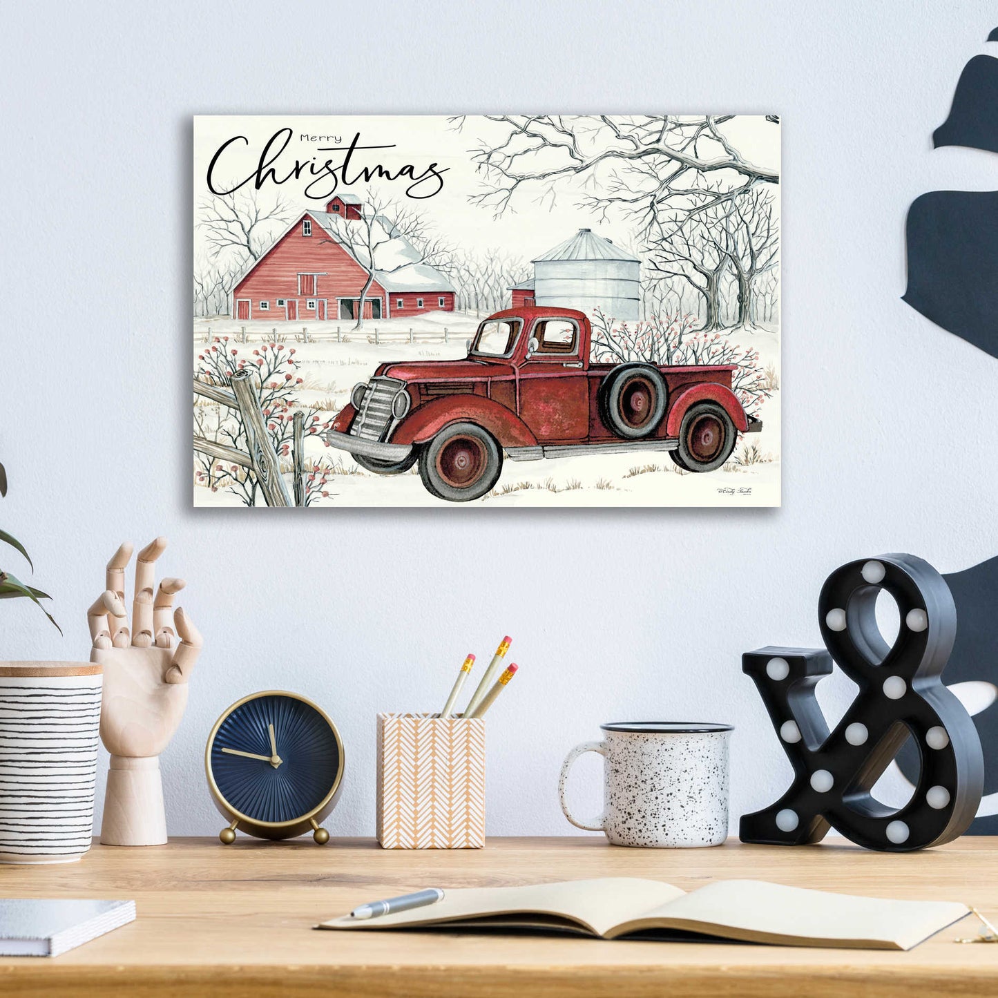 Epic Art 'Red Truck Winter Barn' by Cindy Jacobs, Acrylic Glass Wall Art,16x12