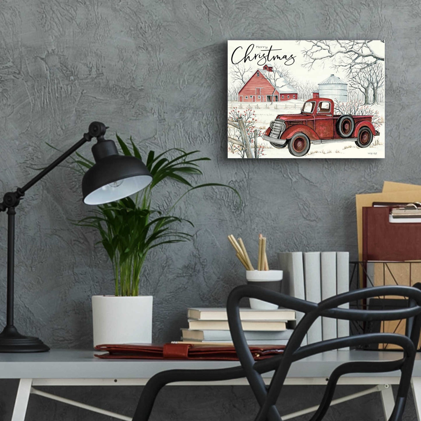 Epic Art 'Red Truck Winter Barn' by Cindy Jacobs, Acrylic Glass Wall Art,16x12